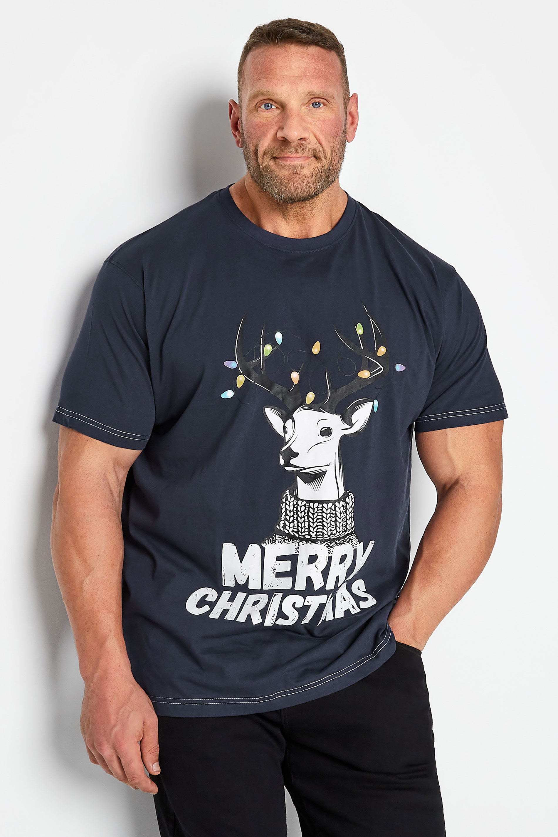 KAM Big & Tall Navy Blue 'Merry Christmas' Rudolph Print T-Shirt | BadRhino 1