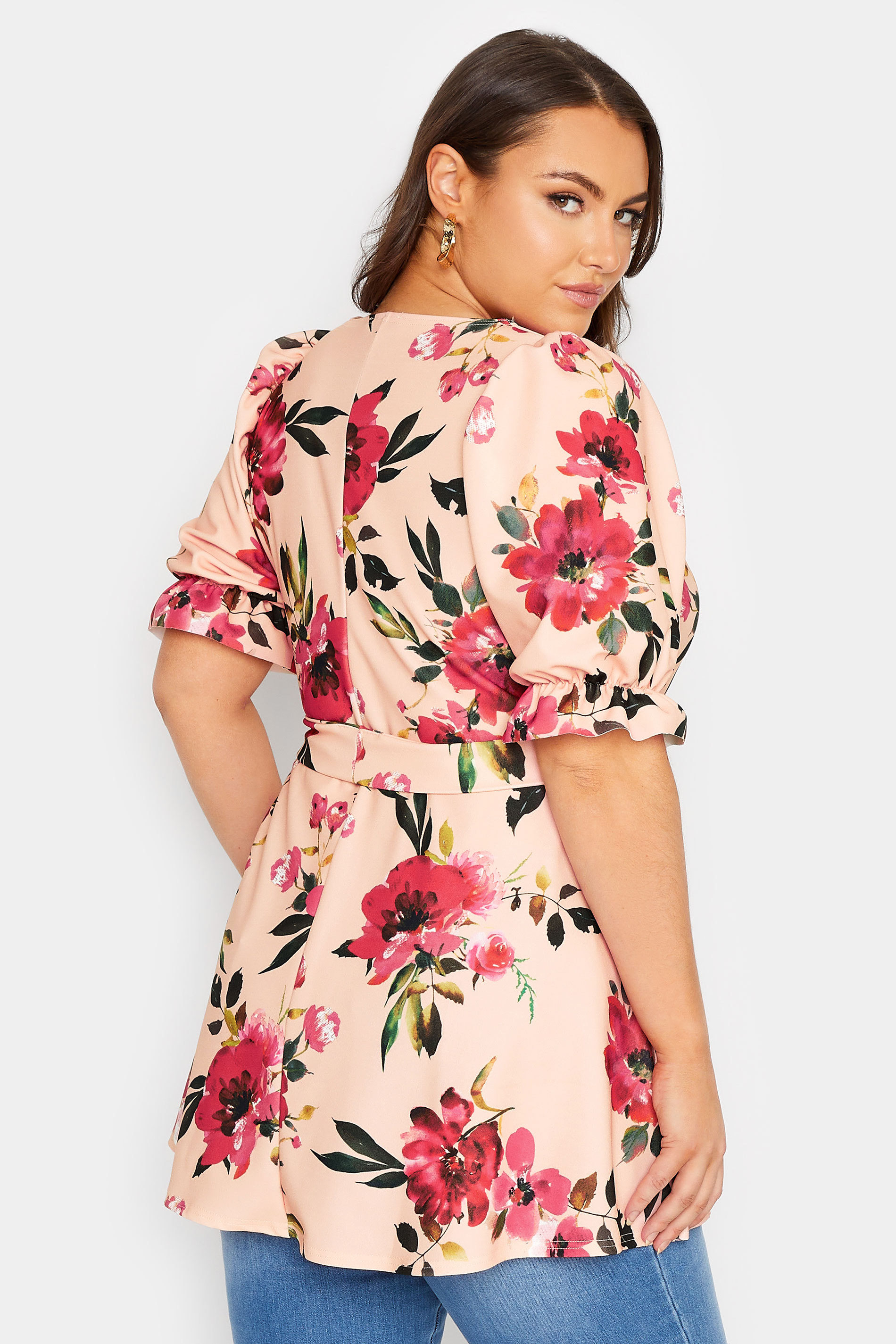 YOURS LONDON Plus Size Light Pink Floral Print Peplum Top | Yours Clothing  3