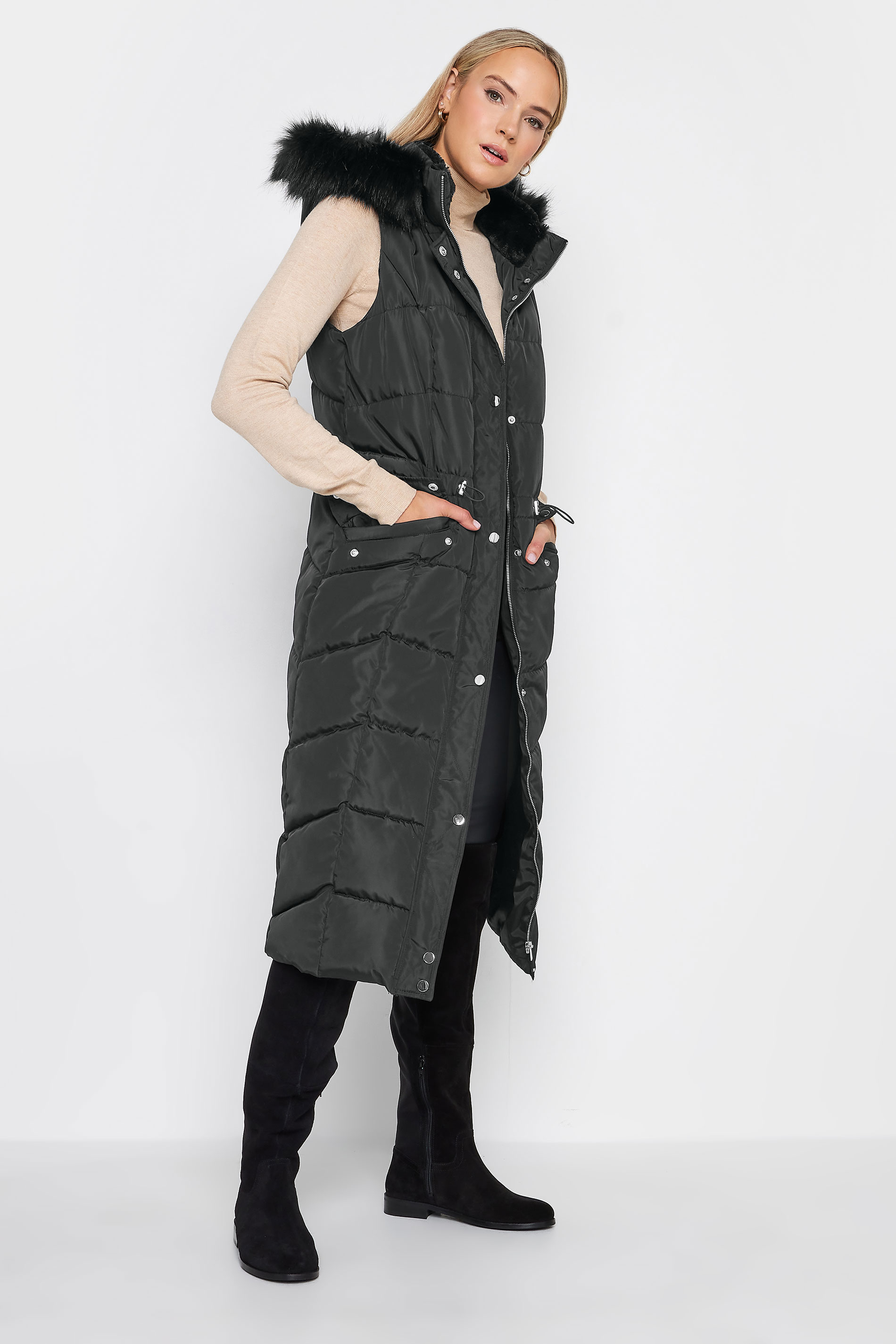 LTS Tall Black Faux Fur Trim Hooded Midi Gilet | Long Tall Sally 3