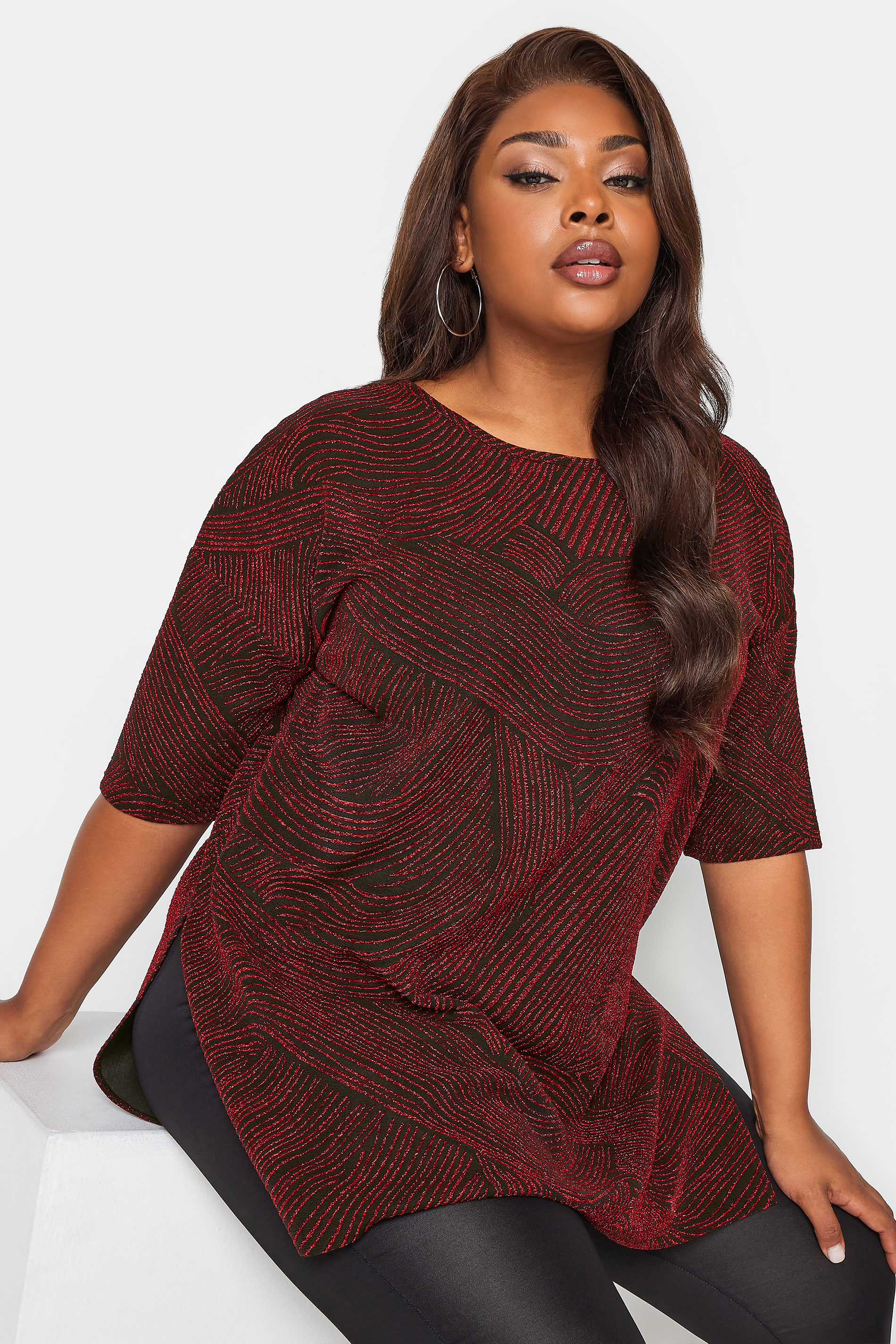 YOURS Curve Red Swirl Print Oversized T-Shirt | Yours Clothing 1