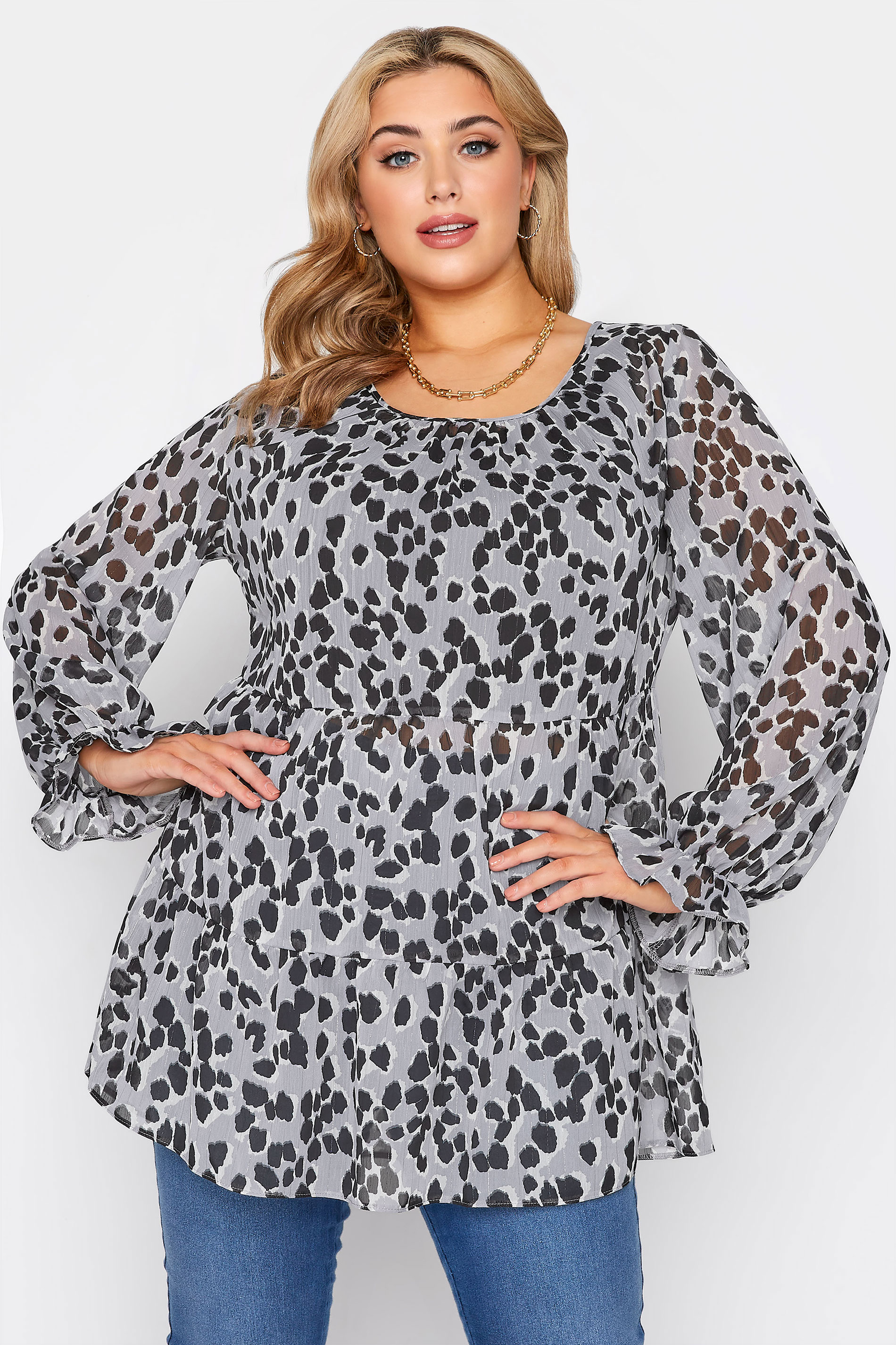 LIMITED COLLECTION Curve Grey Leopard Print Frill Smock Blouse_A.jpg