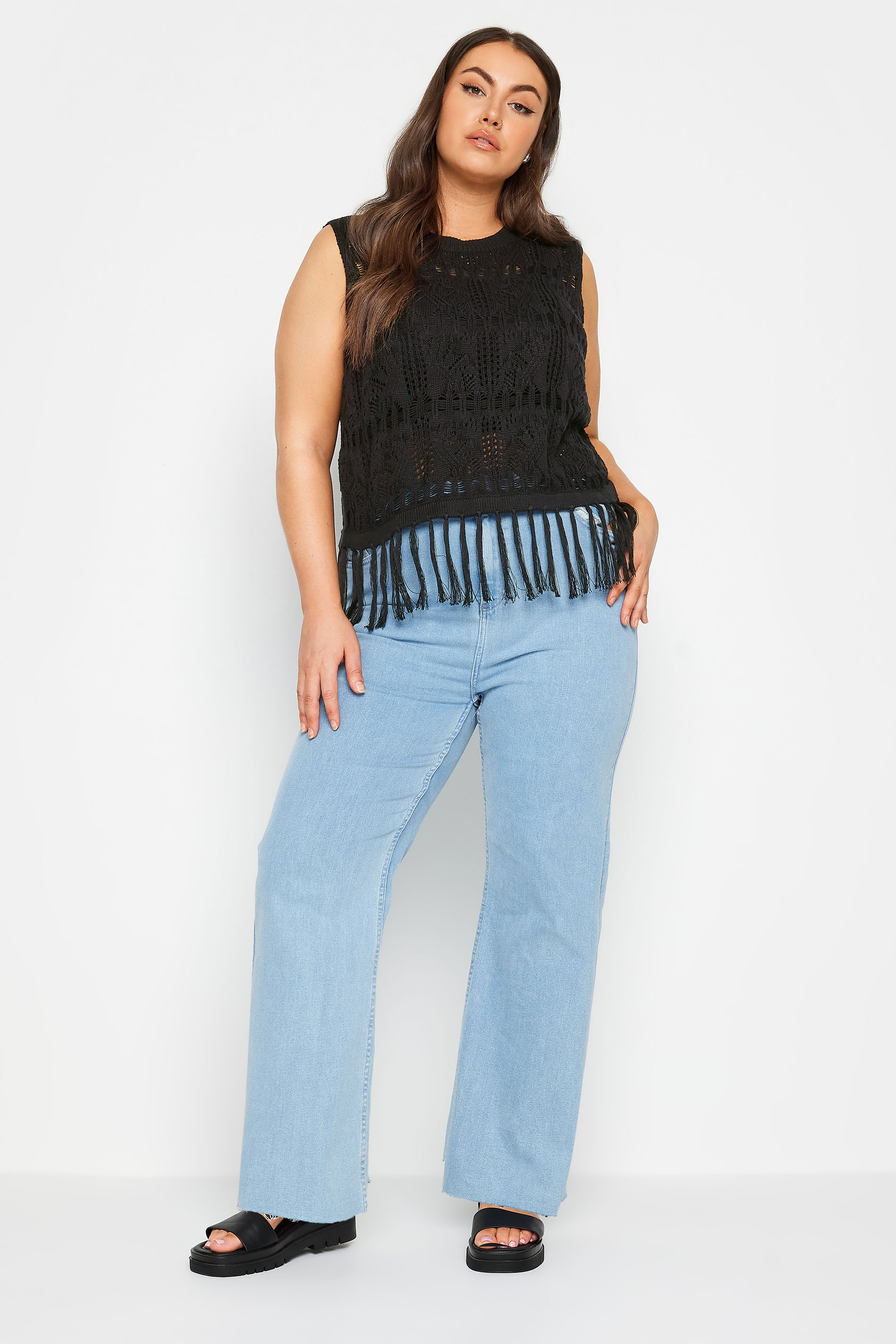 YOURS Plus Size Black Crochet Fringe Vest Top | Yours Clothing 2