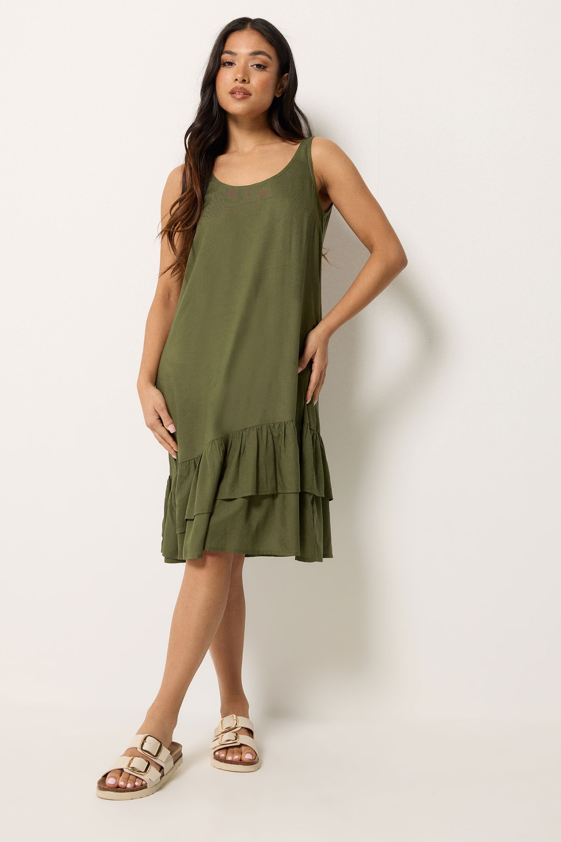 PixieGirl Petite Women's Khaki Green Asymmetric Frill Midi Dress | PixieGirl 1