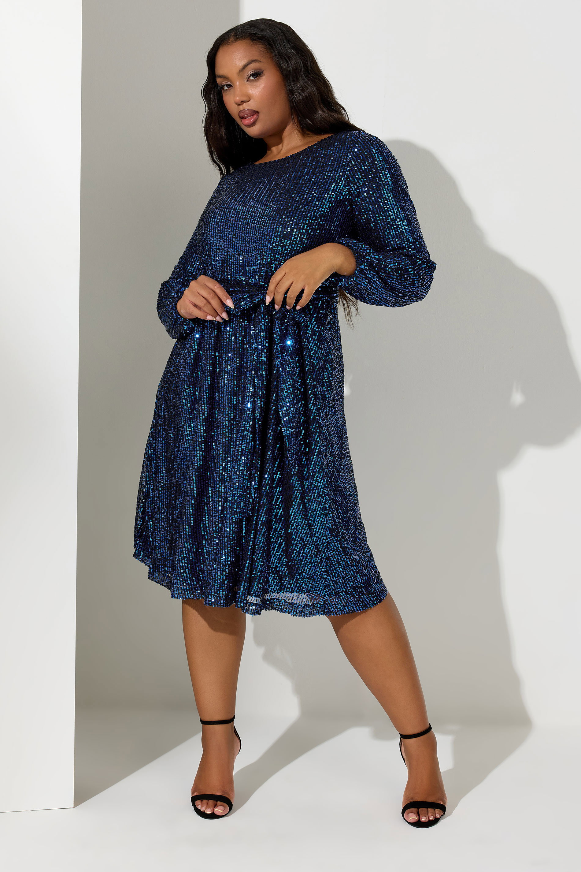 Blue Yours London Curve Sequin Skater Midi Dress, Women's Curve & Plus Size, Yours London