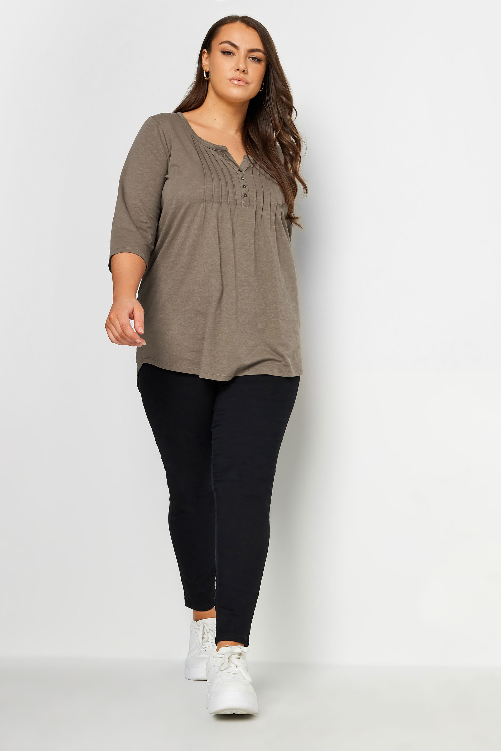 YOURS Plus Size Brown Pintuck Henley T-Shirt | Yours Clothing 2