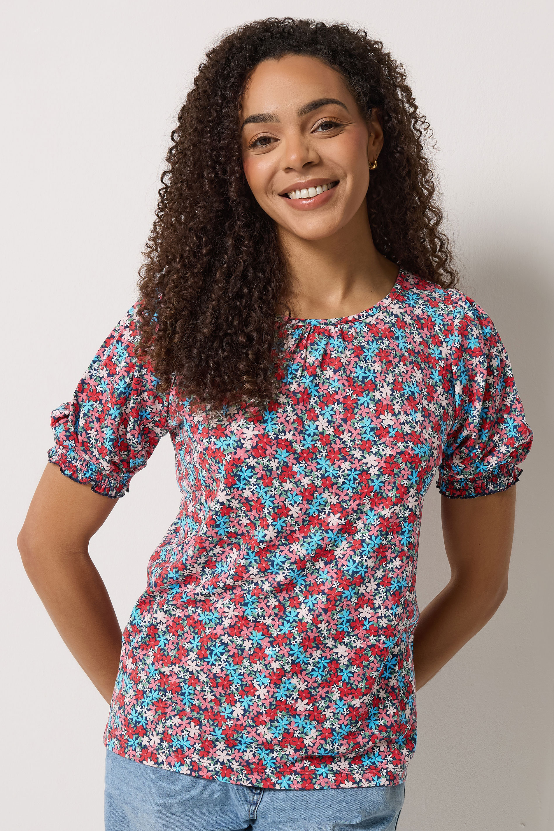 M&Co Blue Ditsy Floral Puff Sleeve Top | M&Co 3