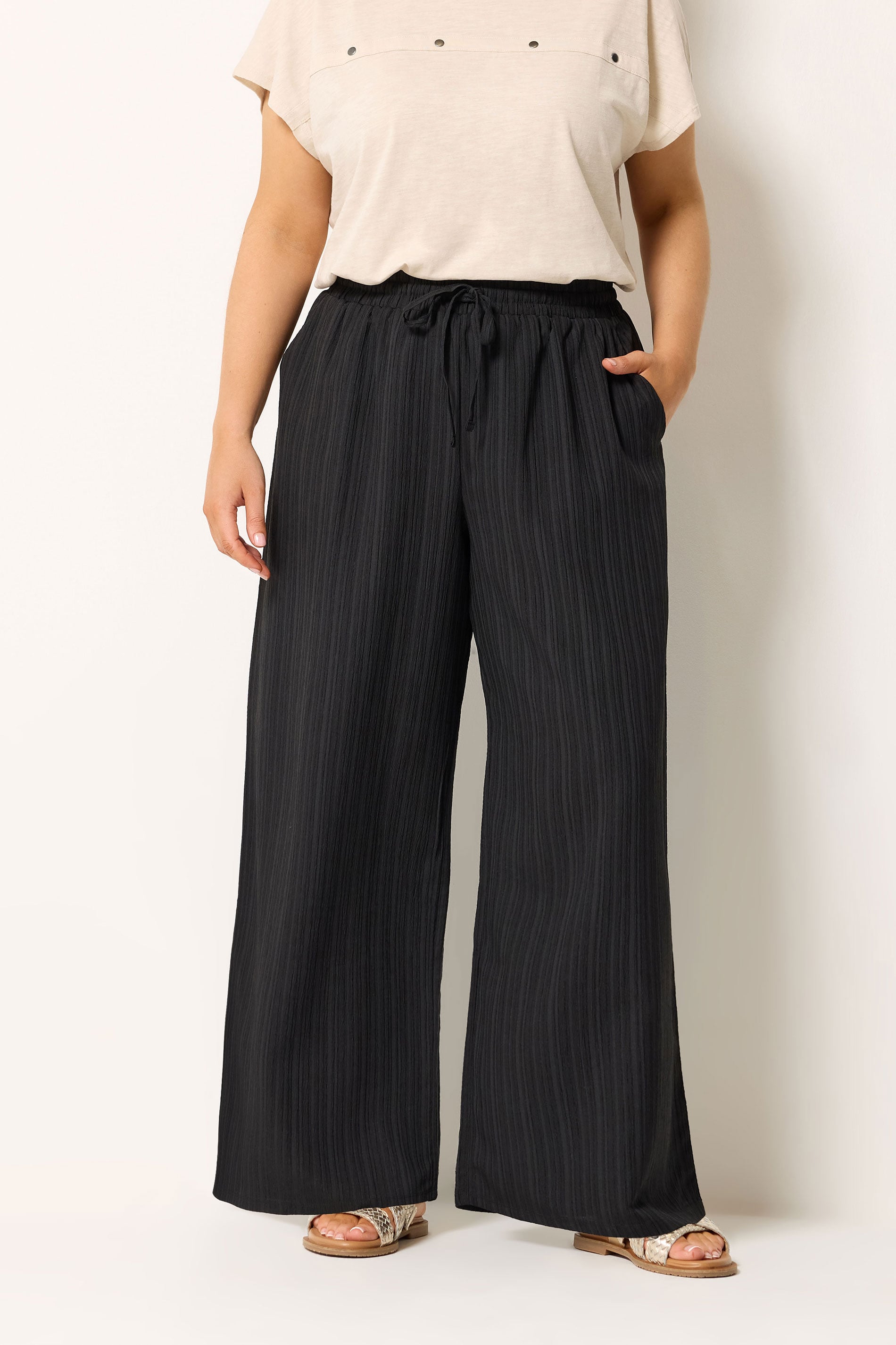 YOURS Plus Size Brown Wide Leg Textured Trousers | Yours Clothing 1