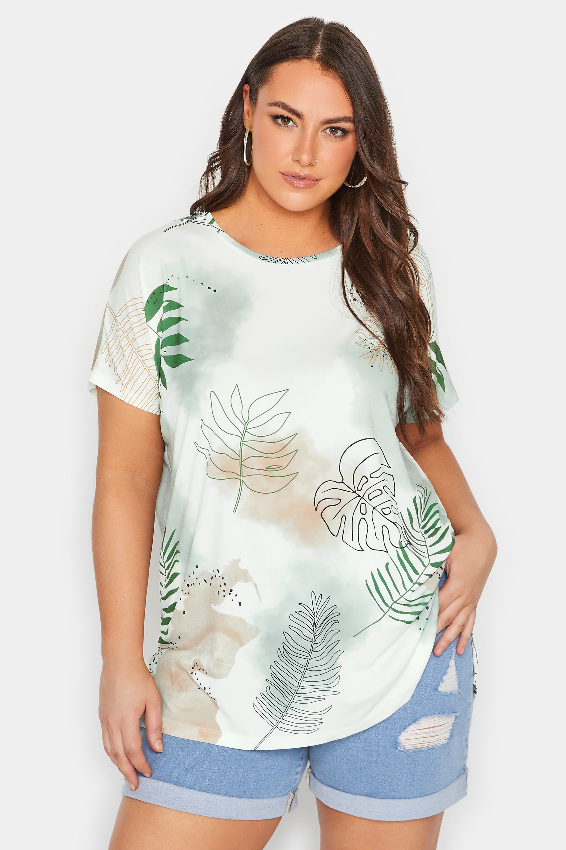 YOURS Curve Plus Size White Leaf Print T-Shirt | Yours Clothing  1