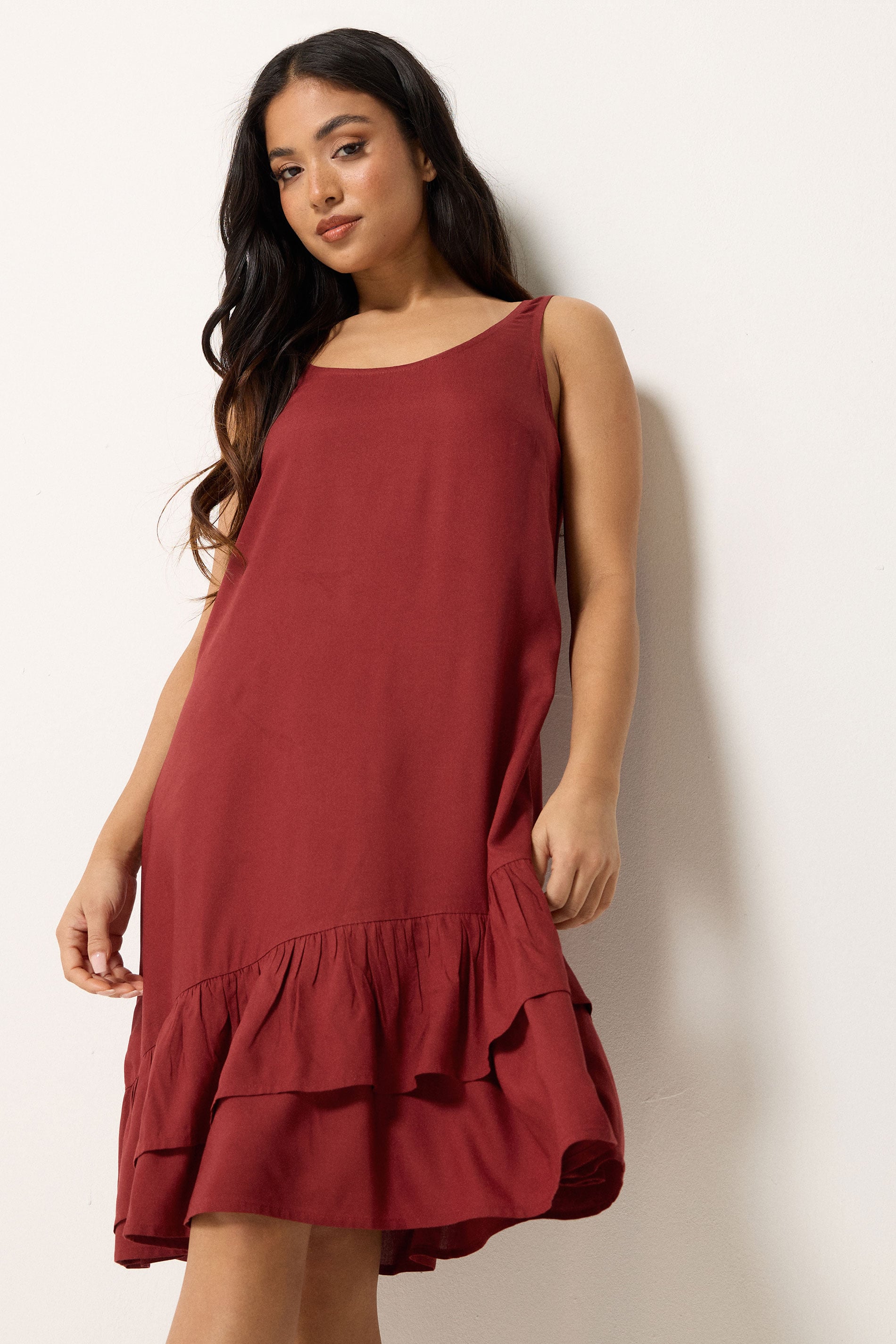 PixieGirl Petite Women's Dark Red Asymmetric Frill Midi Dress | PixieGirl 1