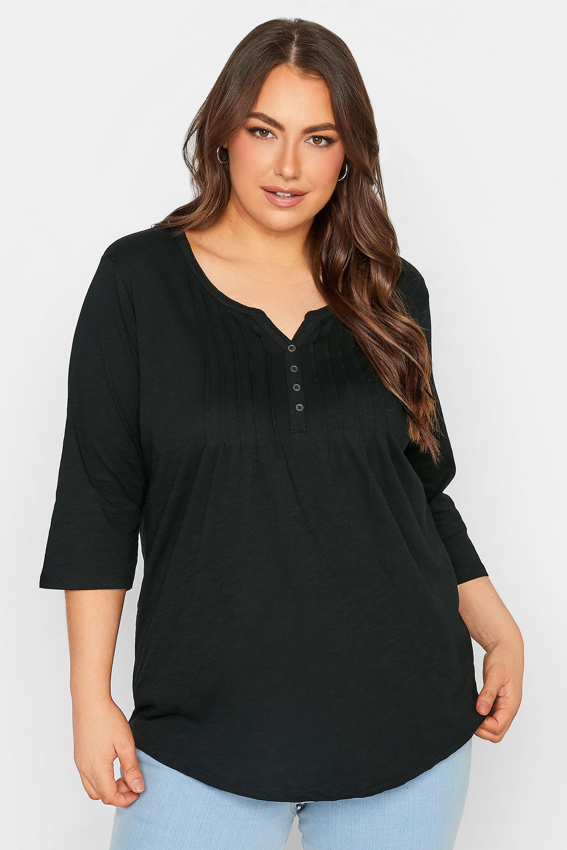 Plus Size YOURS FOR GOOD Black Pintuck Button Henley T-Shirt | Yours Clothing 1