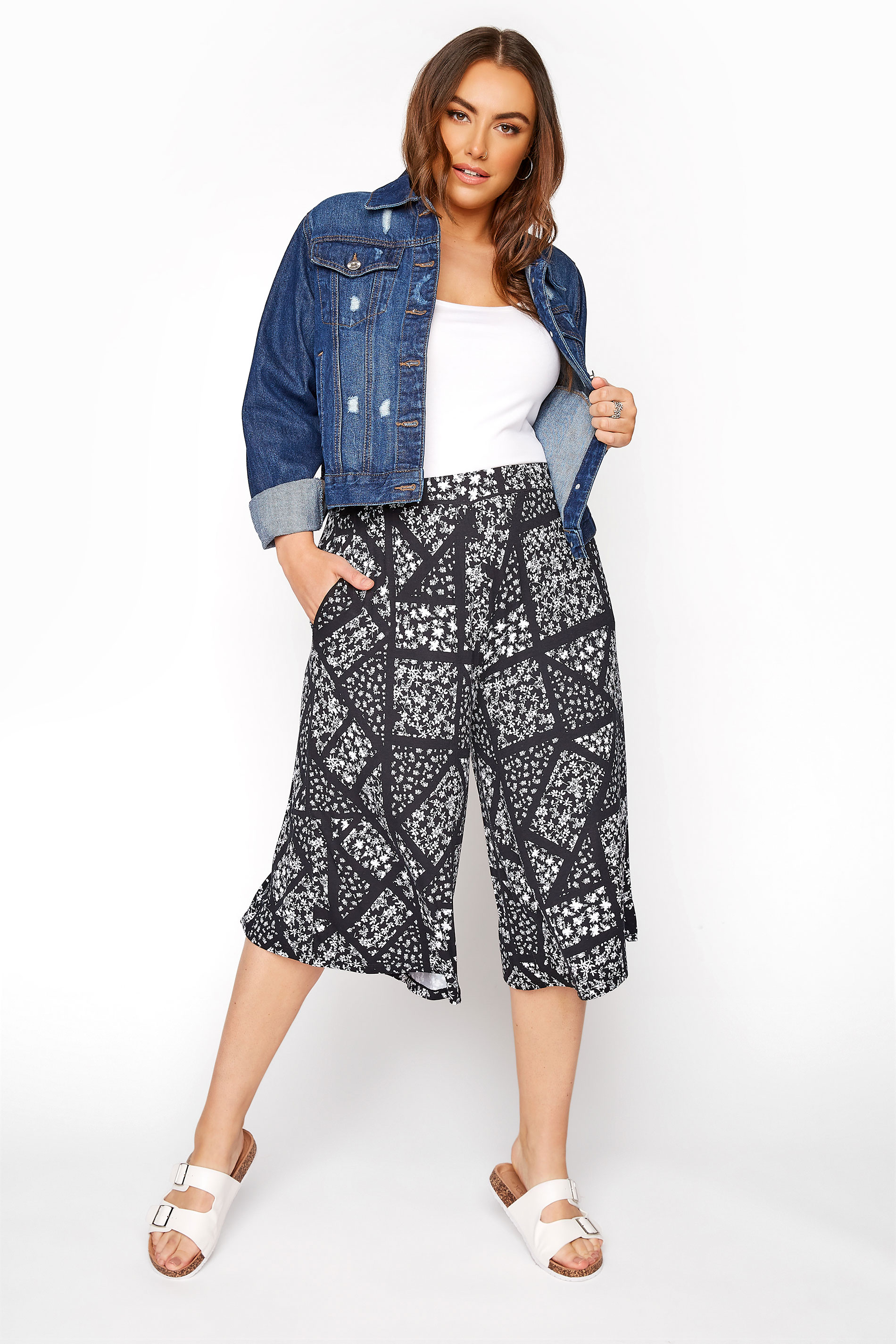 Black Ditsy Floral Patchwork Culottes | Yours Clothing