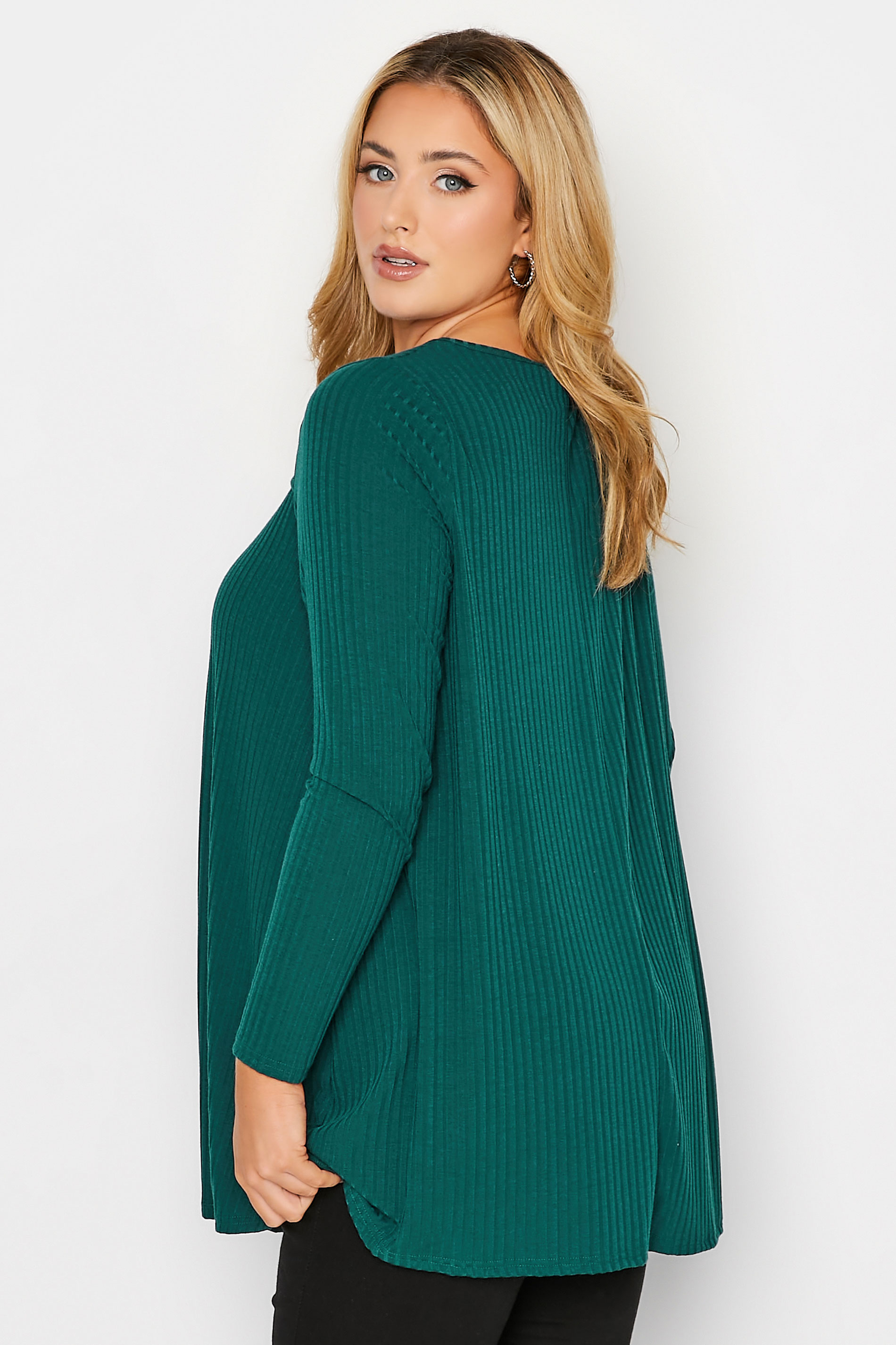 Curve Plus Size Forest Green Ribbed Cut Out Long Sleeve Ribbed Top | Yours Clothing 3