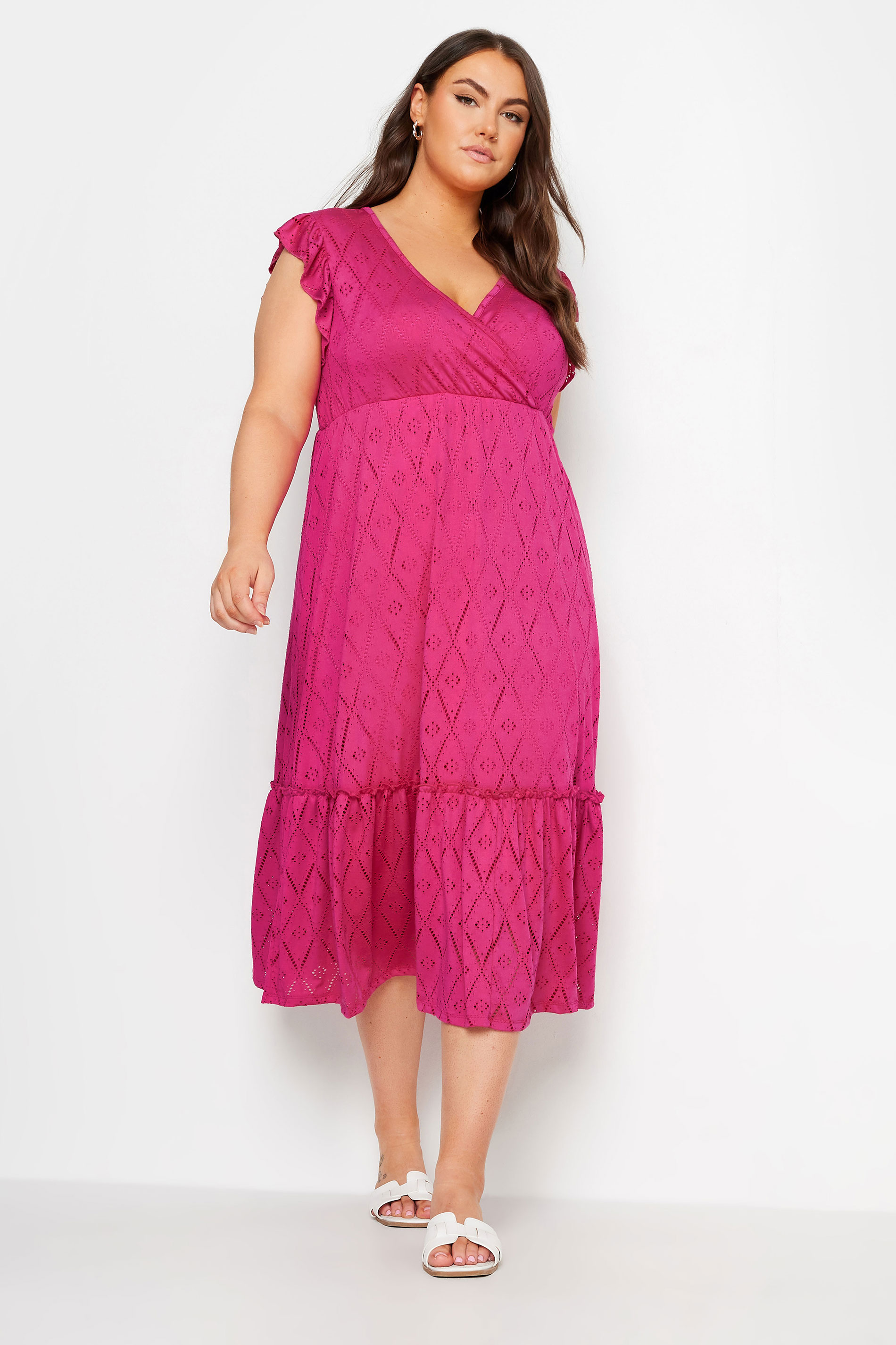 YOURS Plus Size Pink Broderie Anglaise Midaxi Dress | Yours Clothing 2