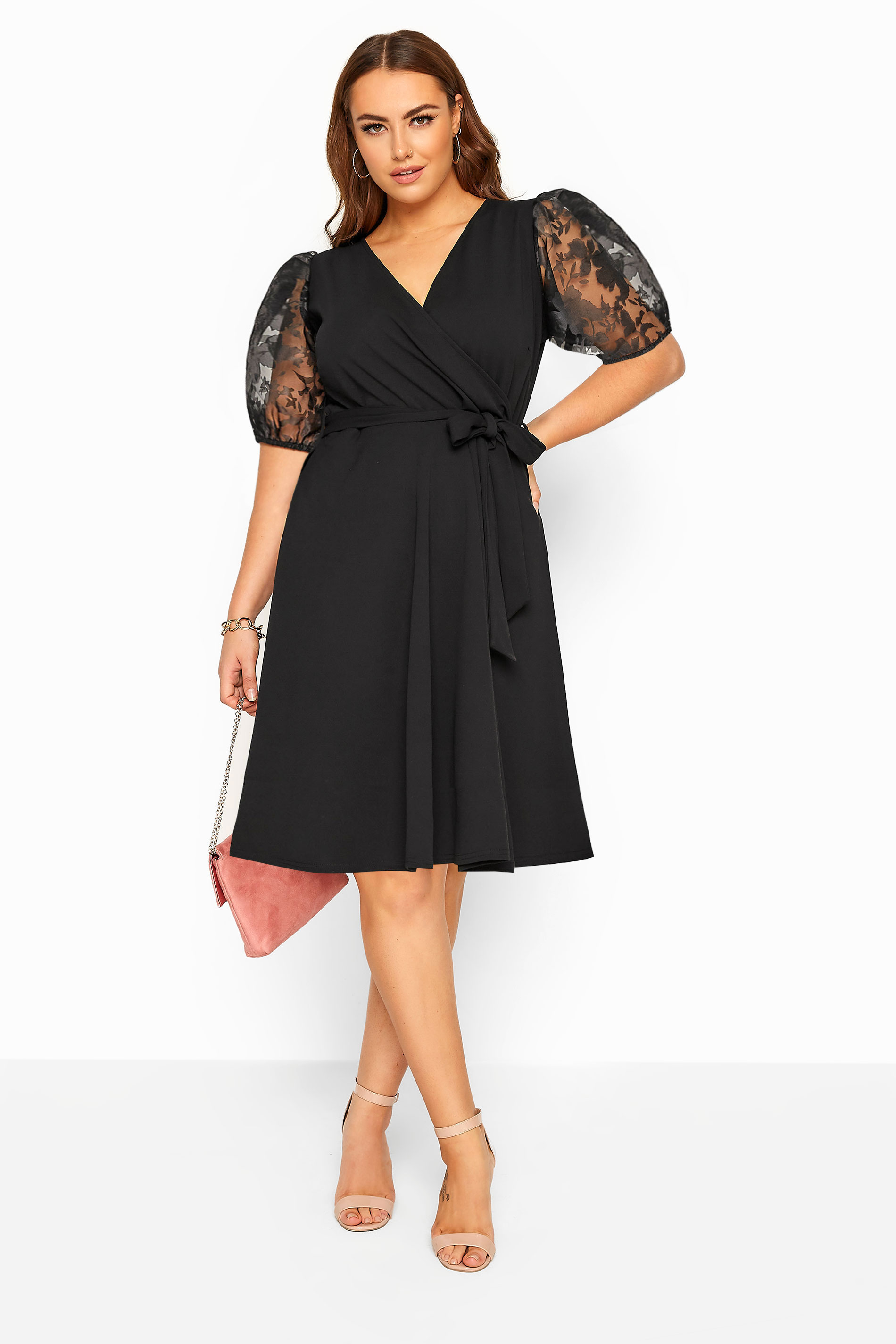 YOURS LONDON Black Floral Organza Puff Sleeve Wrap Dress | Yours Clothing