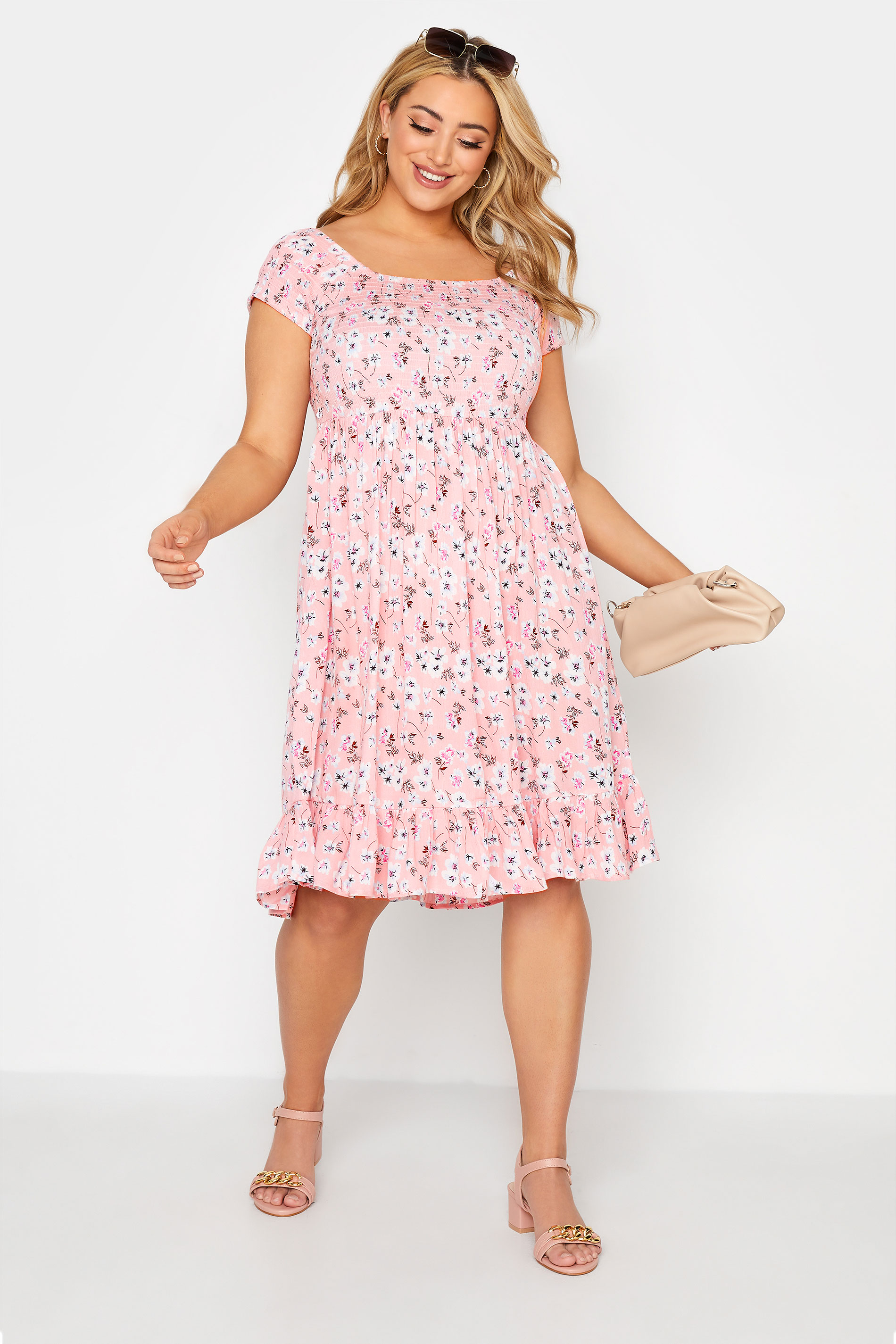 Pink Floral Shirred Bardot Dress | Yours Clothing 2