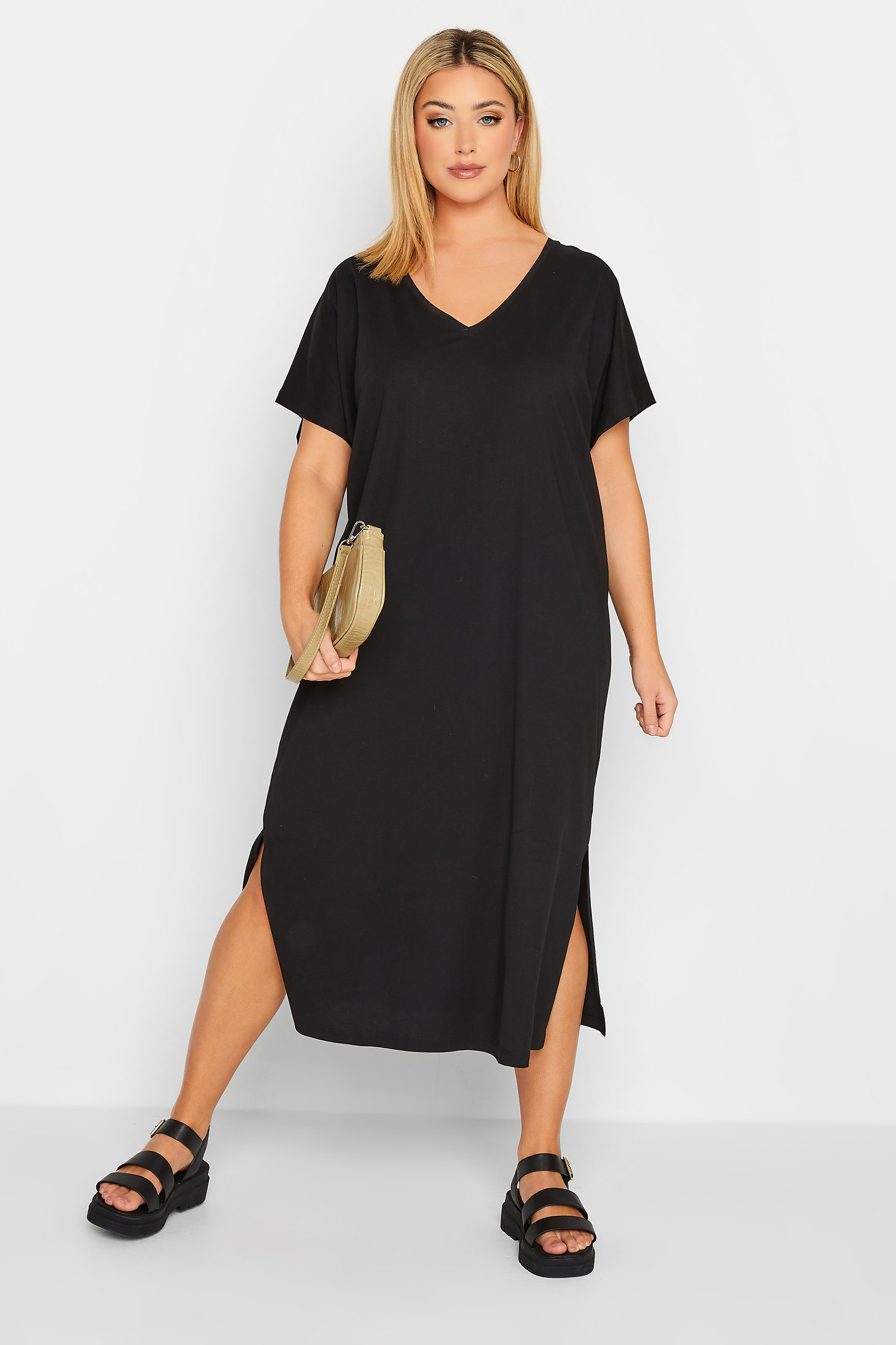 YOURS Plus Size Black Side Split Midaxi T-Shirt Dress | Yours Clothing 2