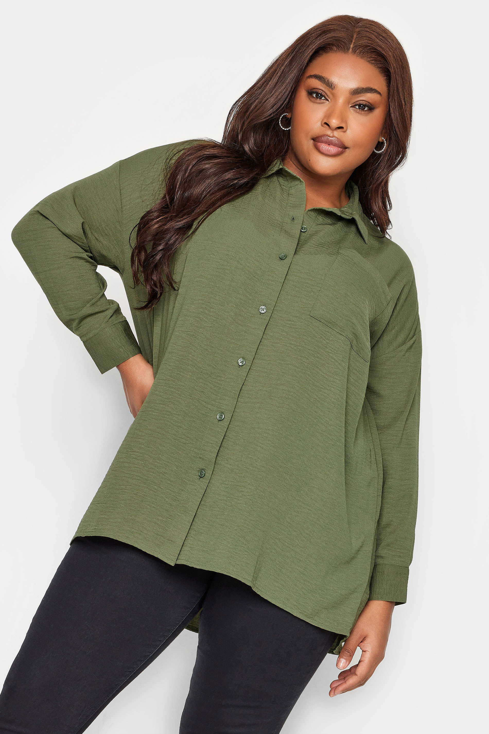 YOURS Curve Plus Size Khaki Green Textured Boyfriend Shirt | Yours Clothing 1