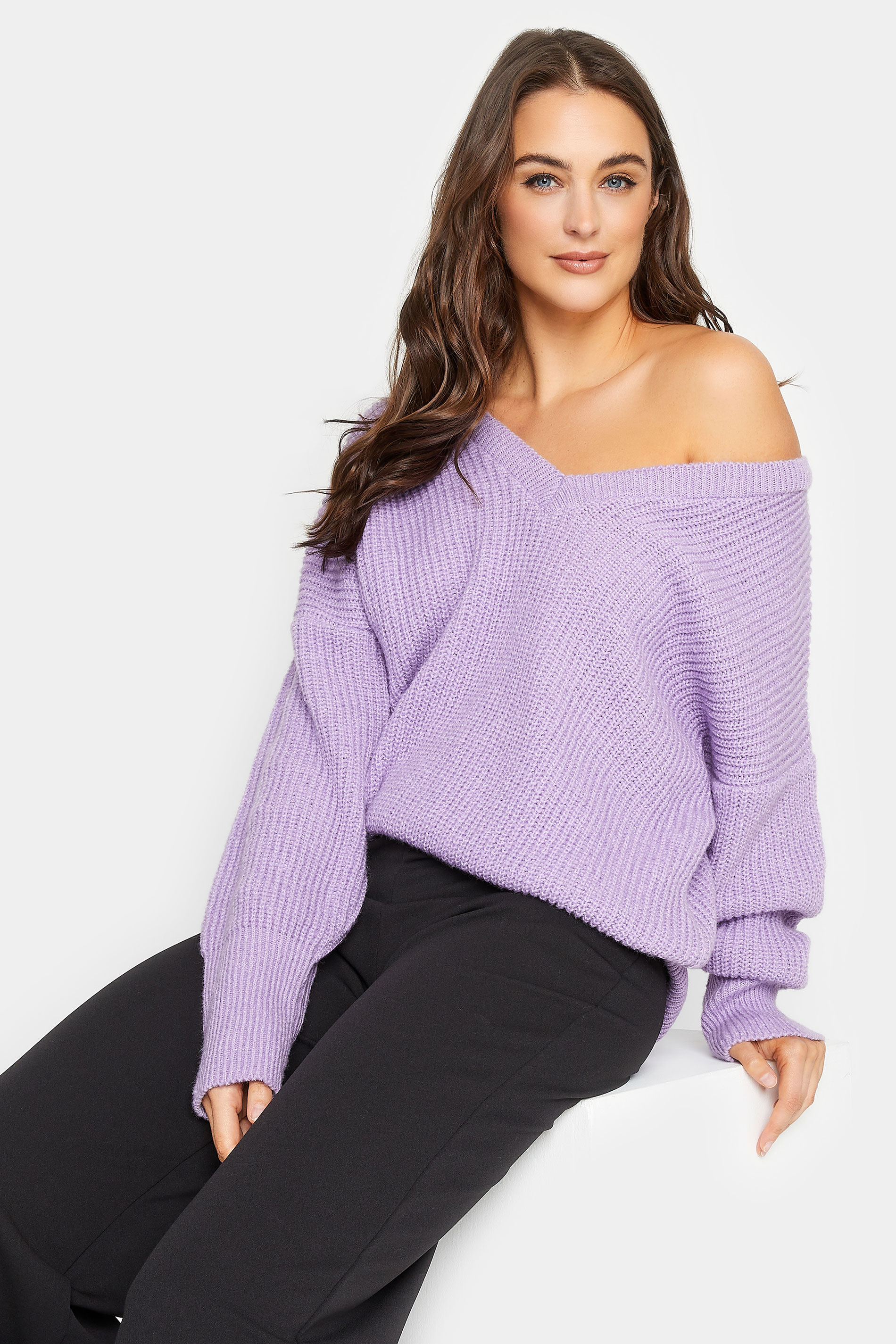 LTS Tall Women's Lilac Purple V-Neck Knitted Jumper | Long Tall Sally 1