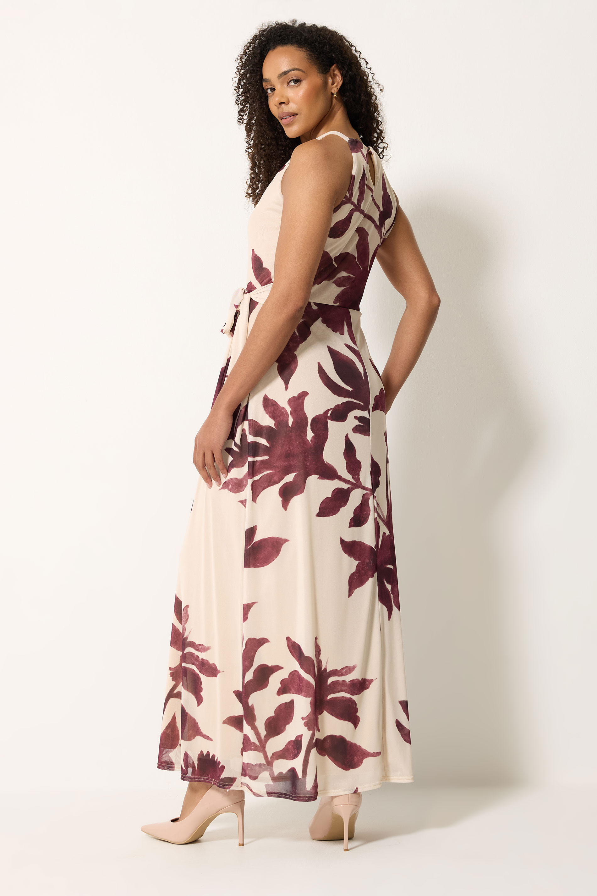 M&Co Natural Brown Floral Print Halter Neck Mesh Maxi Dress | M&Co 4