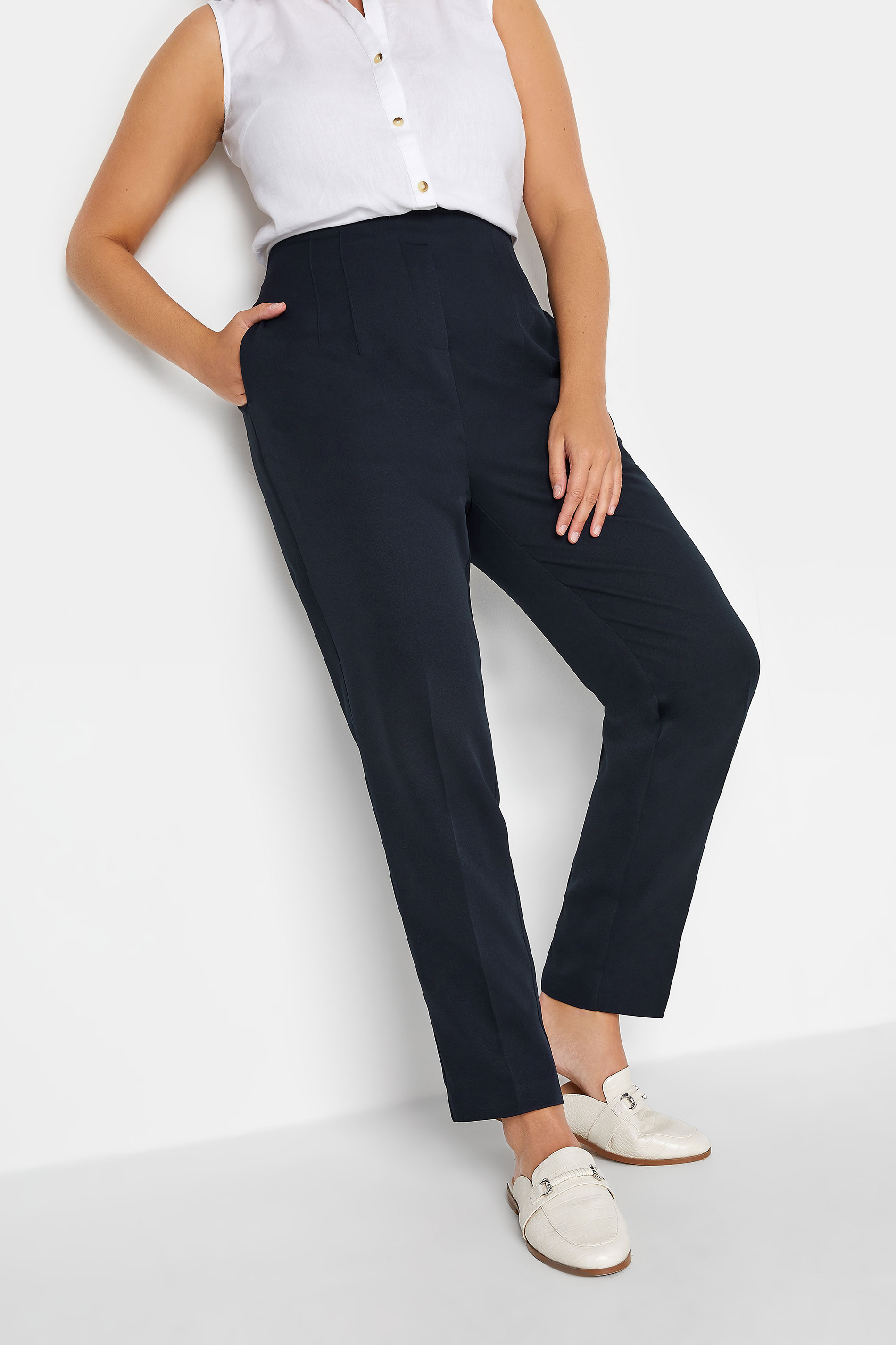 YOURS Curve Plus Size Navy Blue Darted Waist Tapered Trousers | Yours Clothing  1