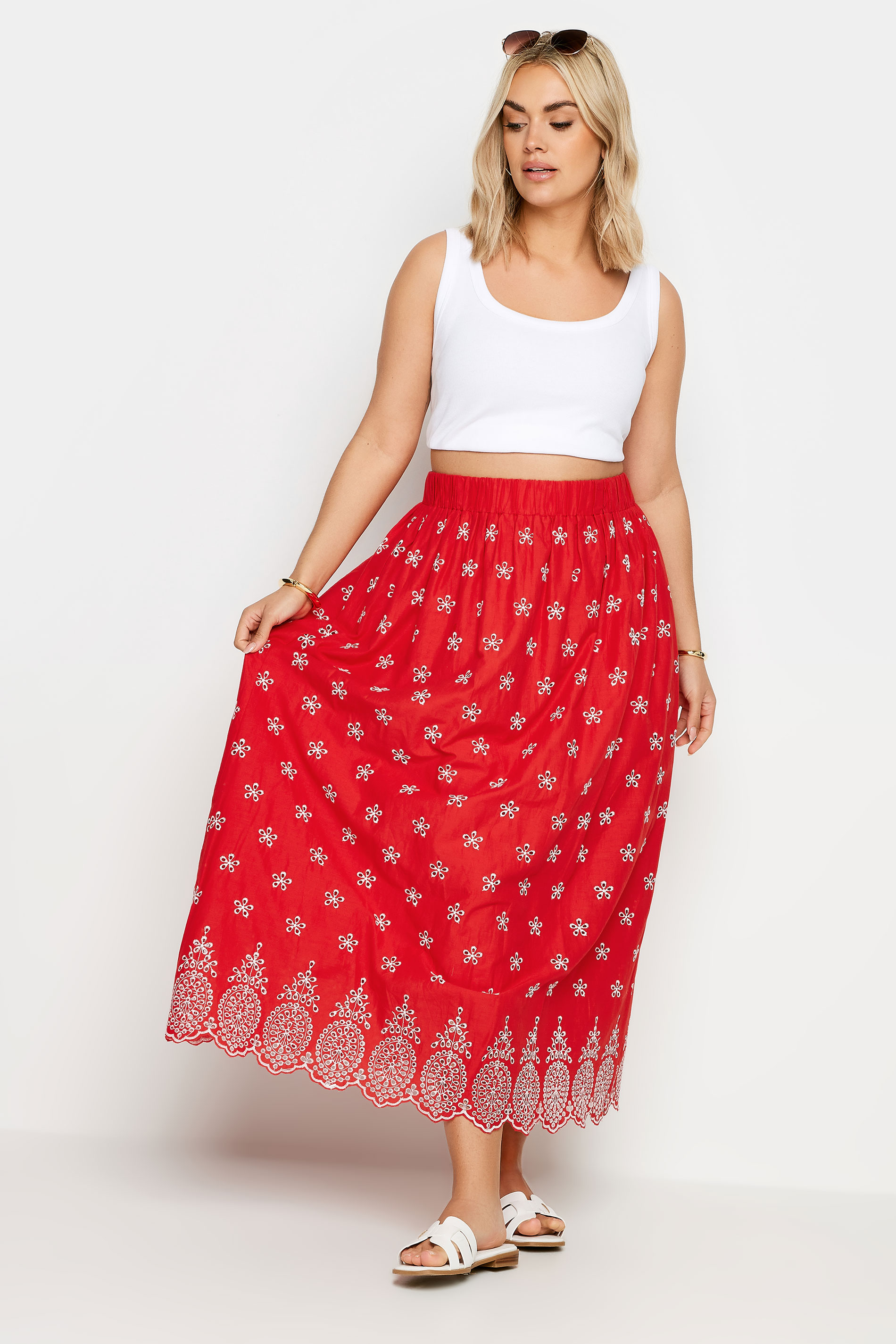YOURS Plus Size Red Floral Broderie Maxi Skirt | Yours Clothing 3