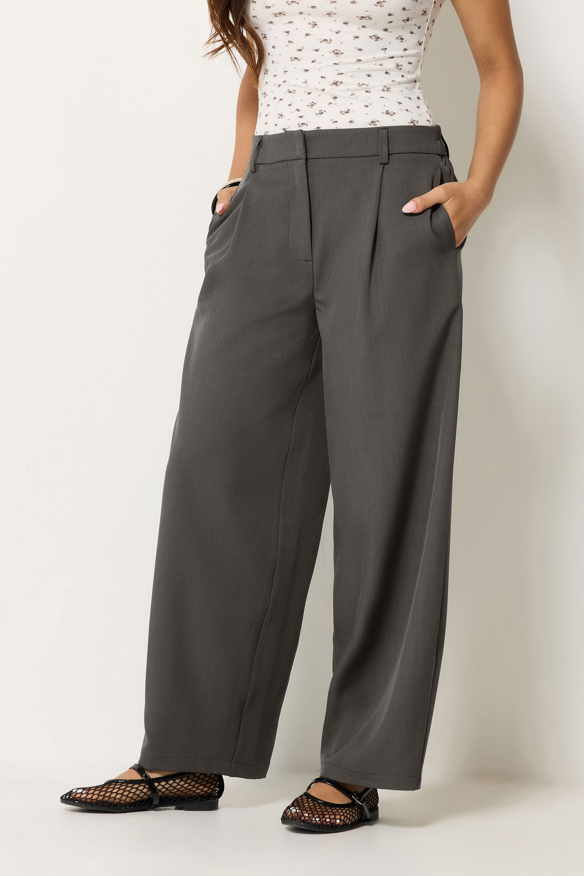 PixieGirl Petite Women's Dark Grey Barrel Leg Trousers | PixieGirl  1