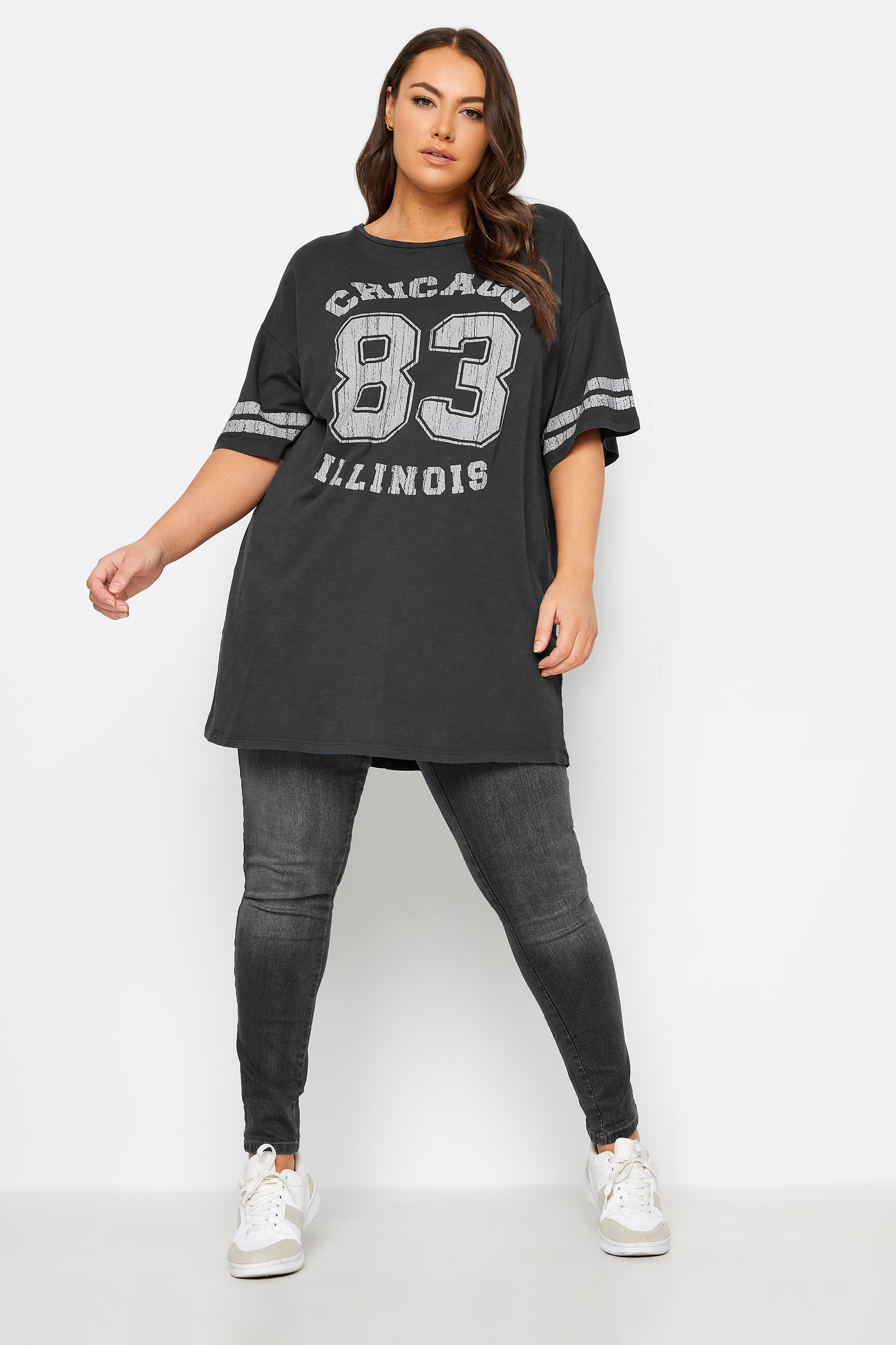 YOURS Plus Size Black Acid Wash 'Chicago' Slogan T-Shirt | Yours Clothing 2
