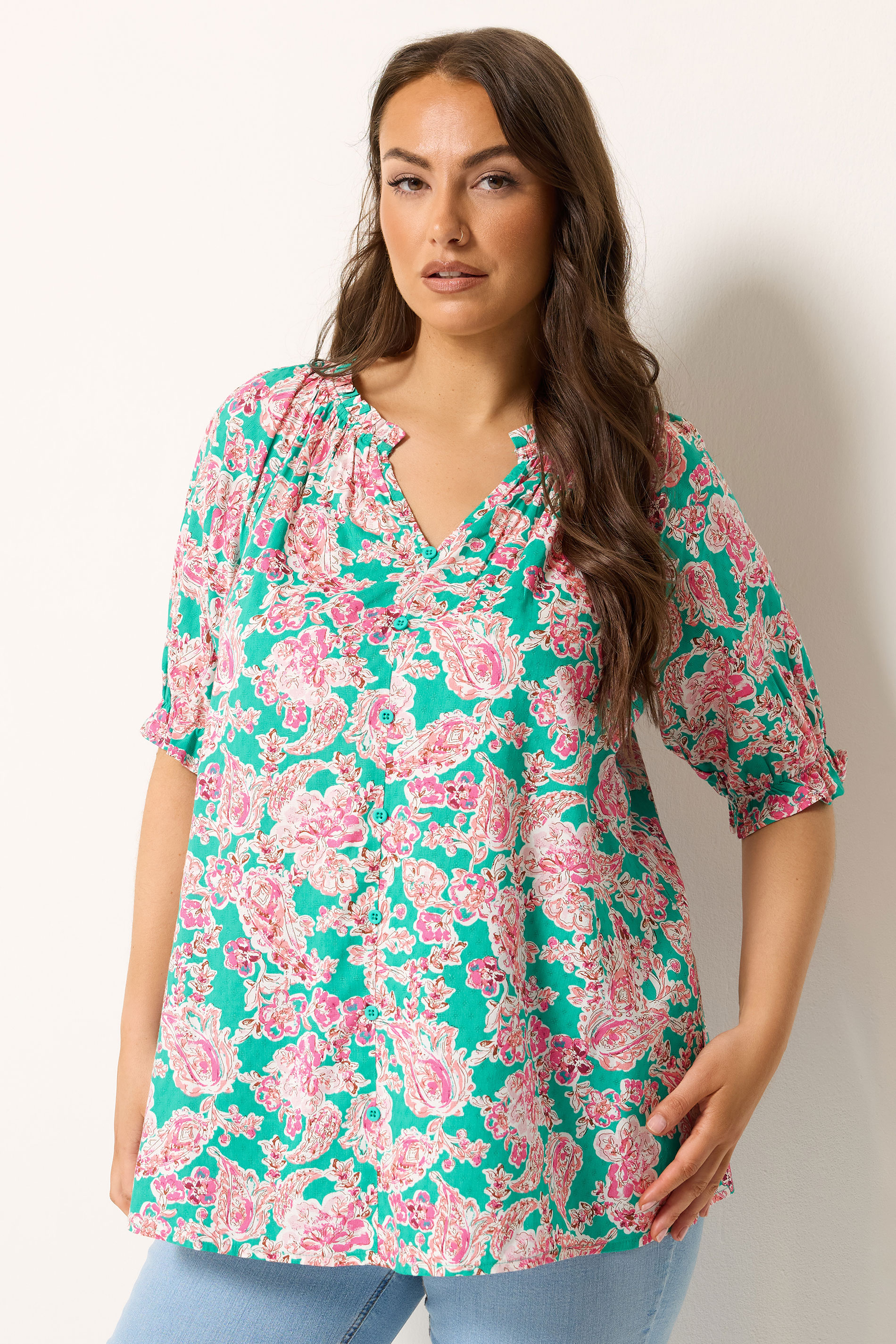 YOURS Plus Size Green Floral Print Frill Neck Top | Yours Clothing 1