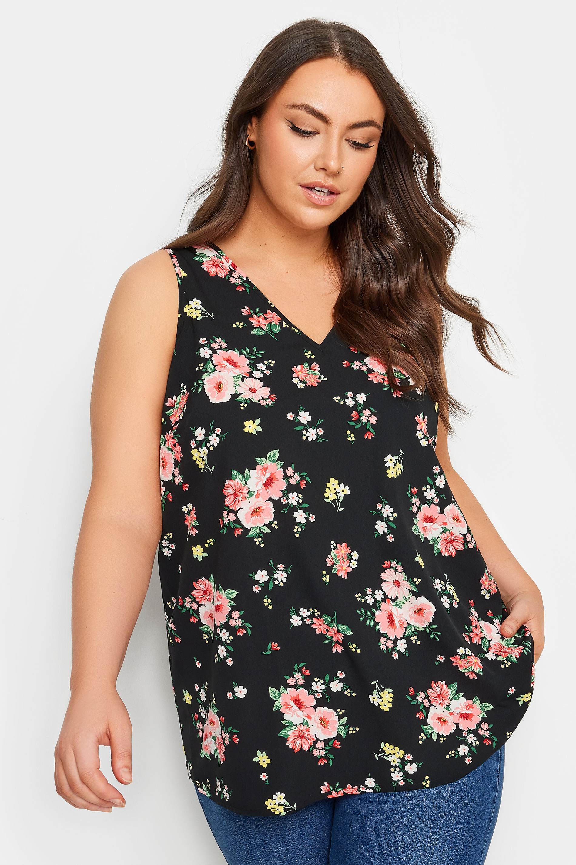 YOURS Plus Size Black & Pink Floral Print Vest Top | Yours Clothing 2