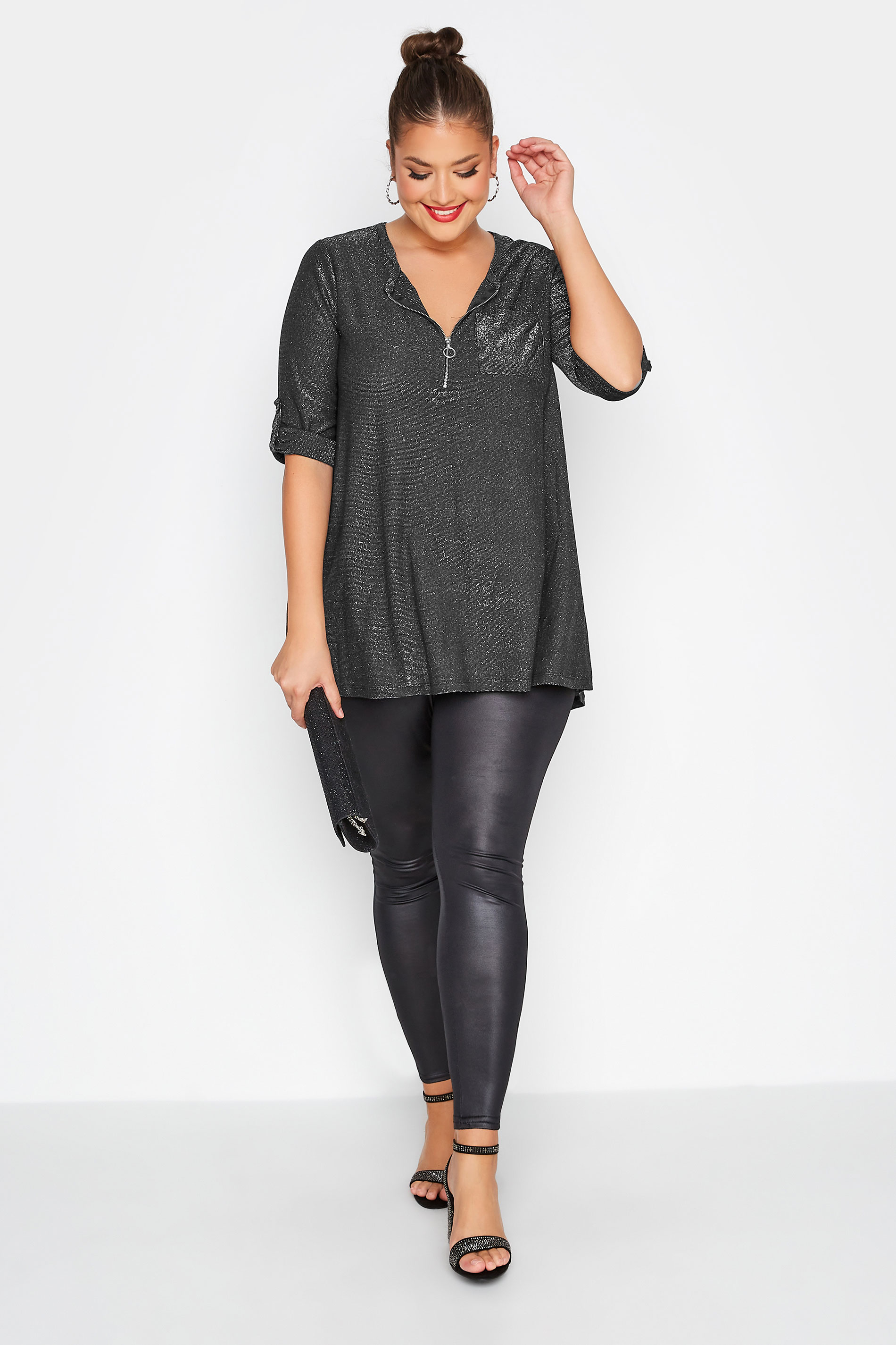 Plus Size Black Glitter Half Zip Top | Yours Clothing 2