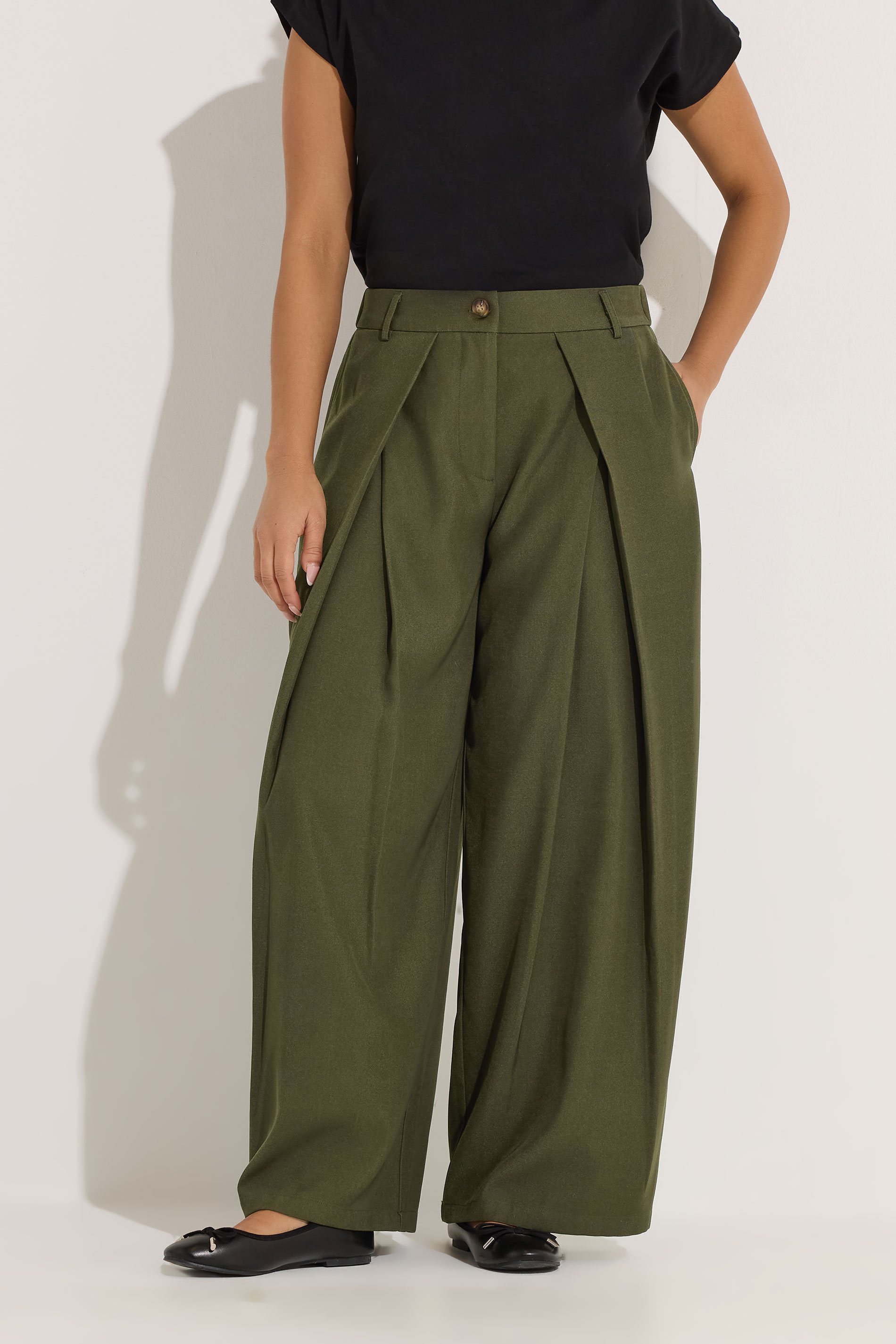 PixieGirl Petite Women's Olive Green Wrap Pleated Wide Leg Trousers | PixieGirl 1