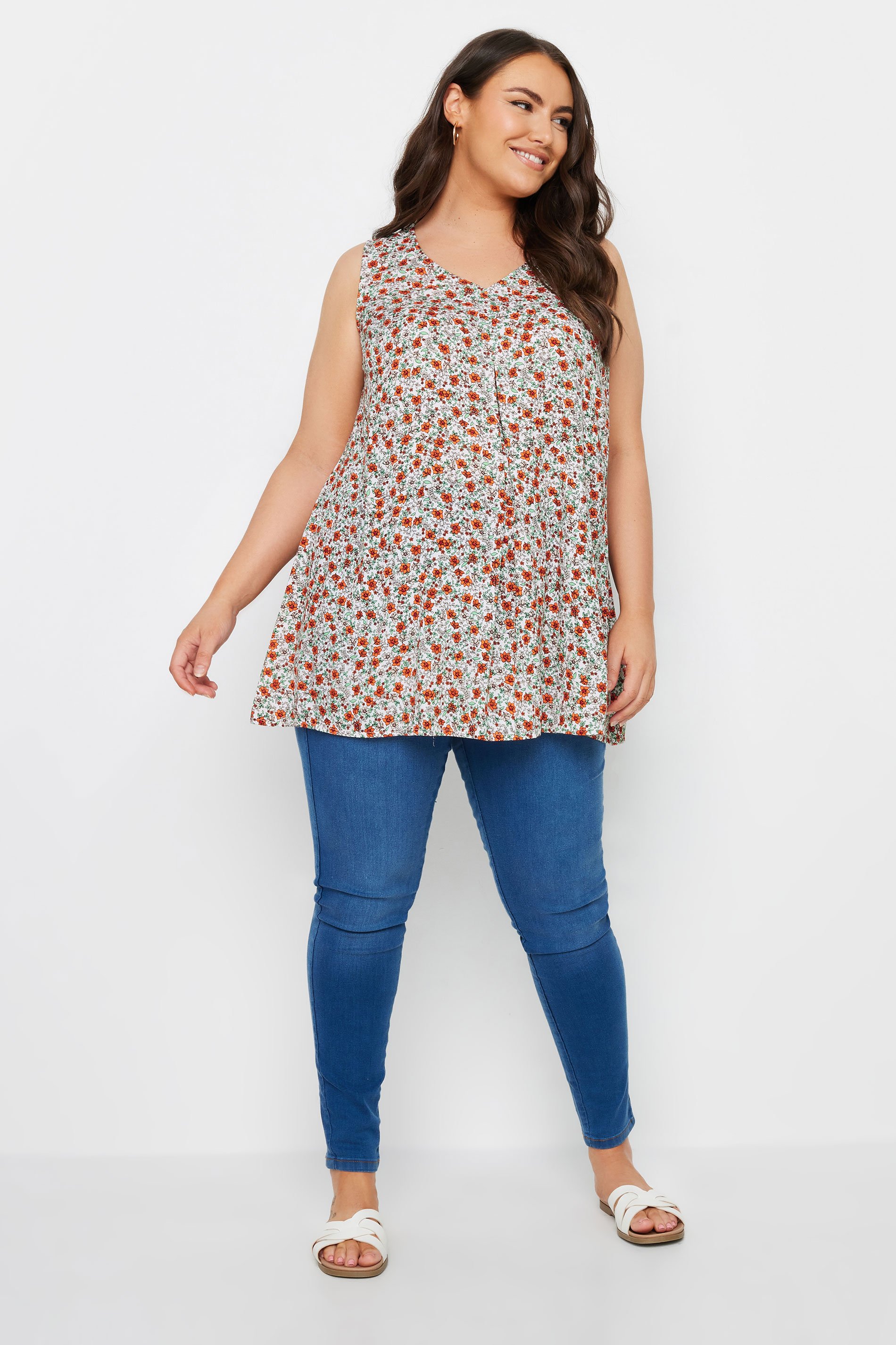 YOURS Plus Size Orange Floral Print Pleated Vest Top | Yours Clothing