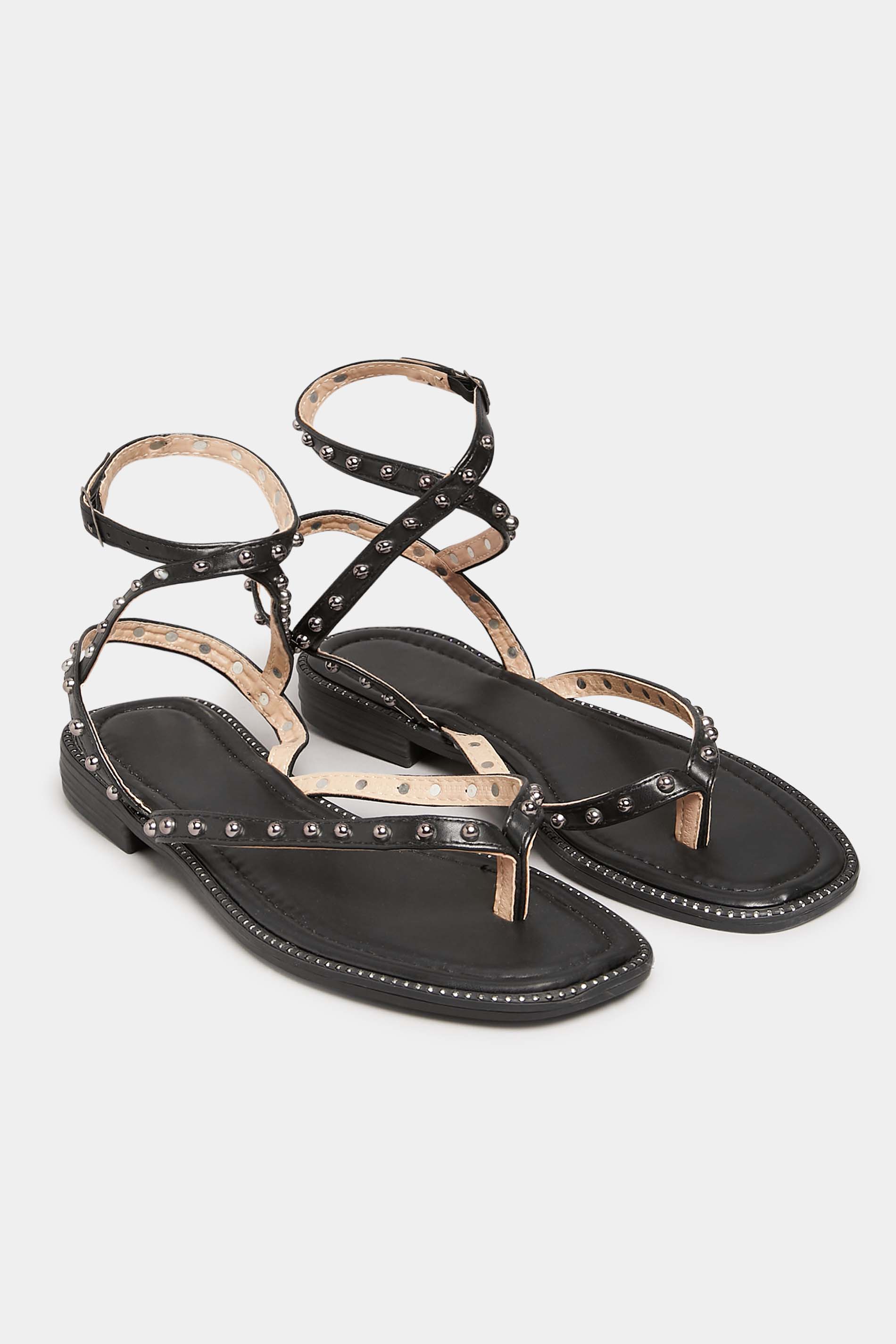 Grande taille  Shoes Grande taille  Sandals | PixieGirl Black Studded Strap Sandals In Standard D Fit - RD23530