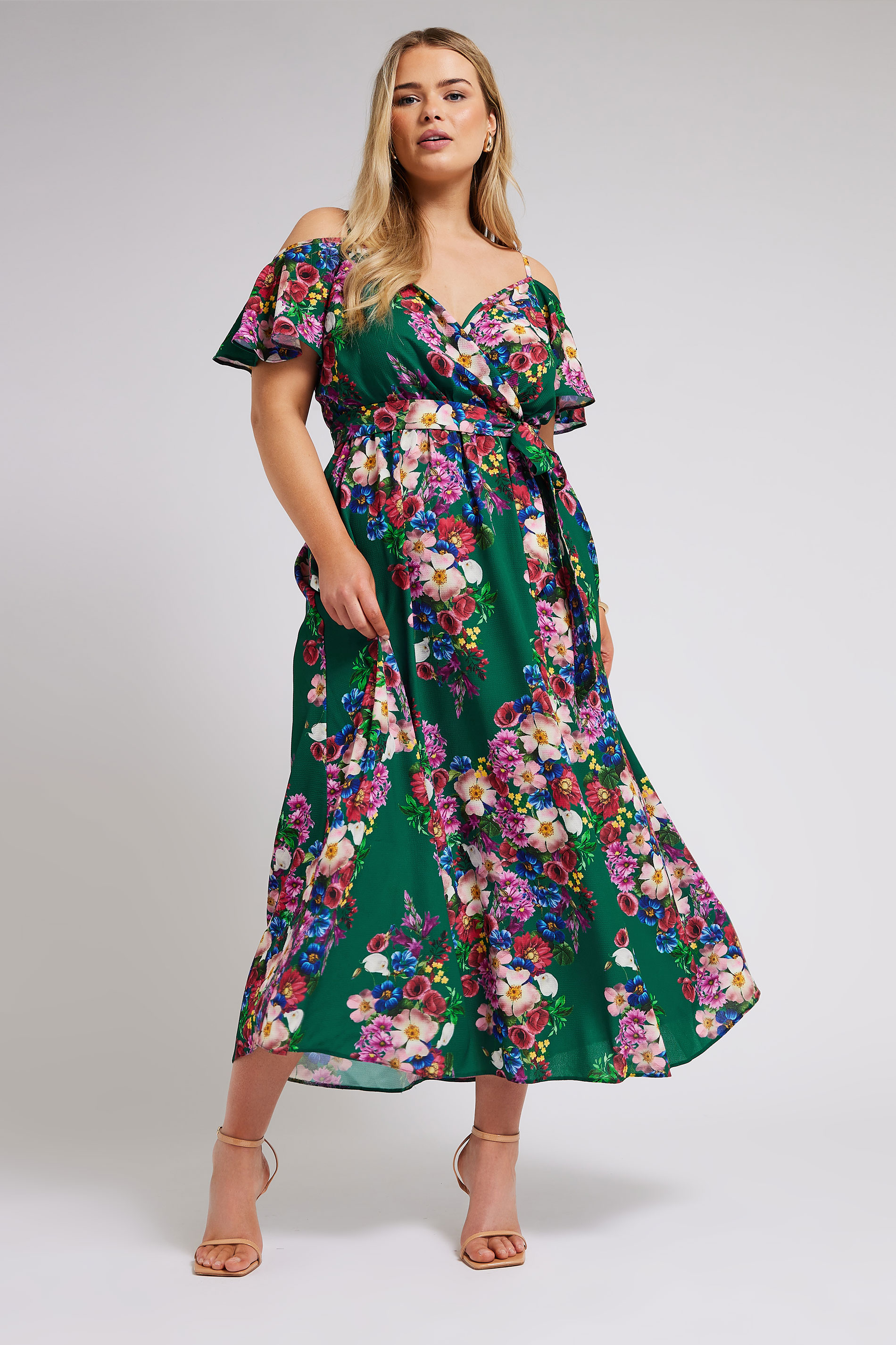 YOURS LONDON Plus Size Green Floral Print Cold Shoulder Wrap Dress | Yours Clothing 2