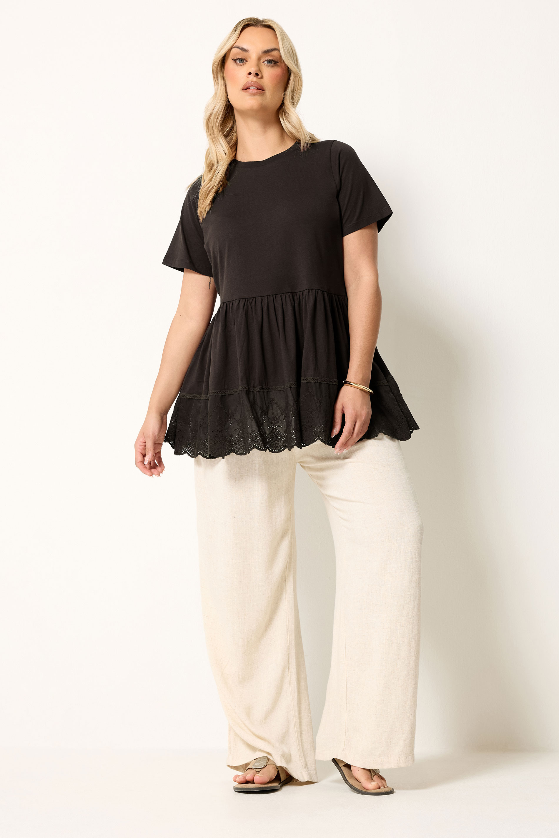 YOURS Plus Size Brown Broderie Anglaise Trim Peplum Top | Yours Clothing 1
