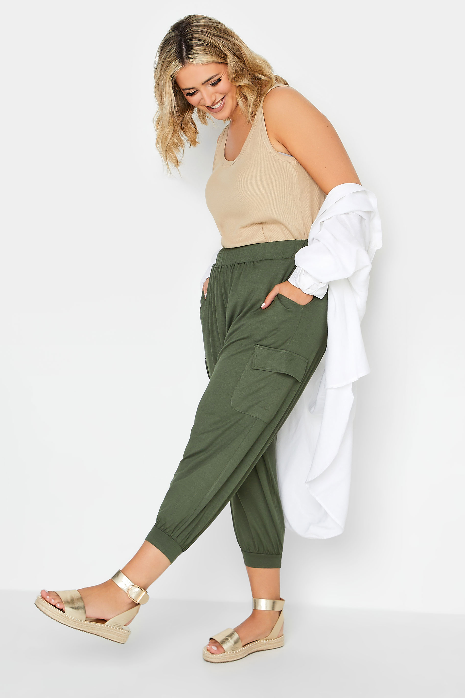YOURS Curve Plus Size Khaki Green Harem Cropped Joggers | Yours Clothing  2