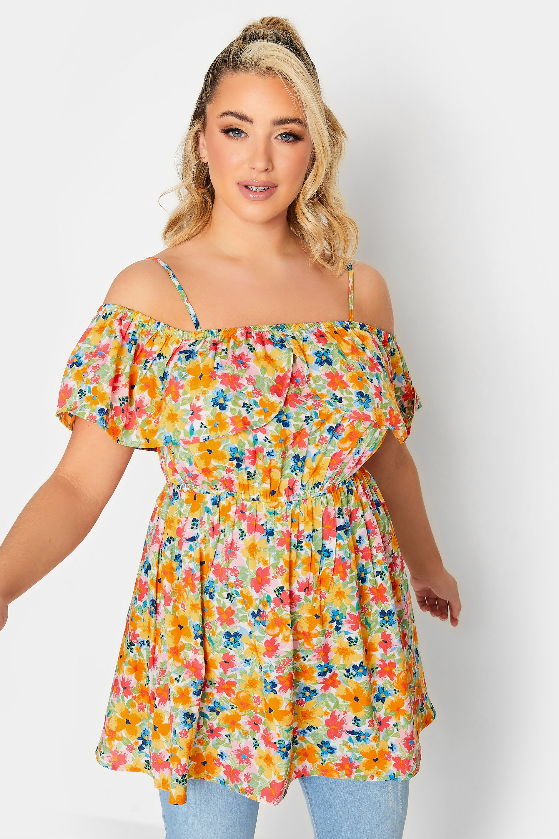 LIMITED COLLECTION Plus Size Yellow Frill Cold Shoulder Top | Yours Clothing 2