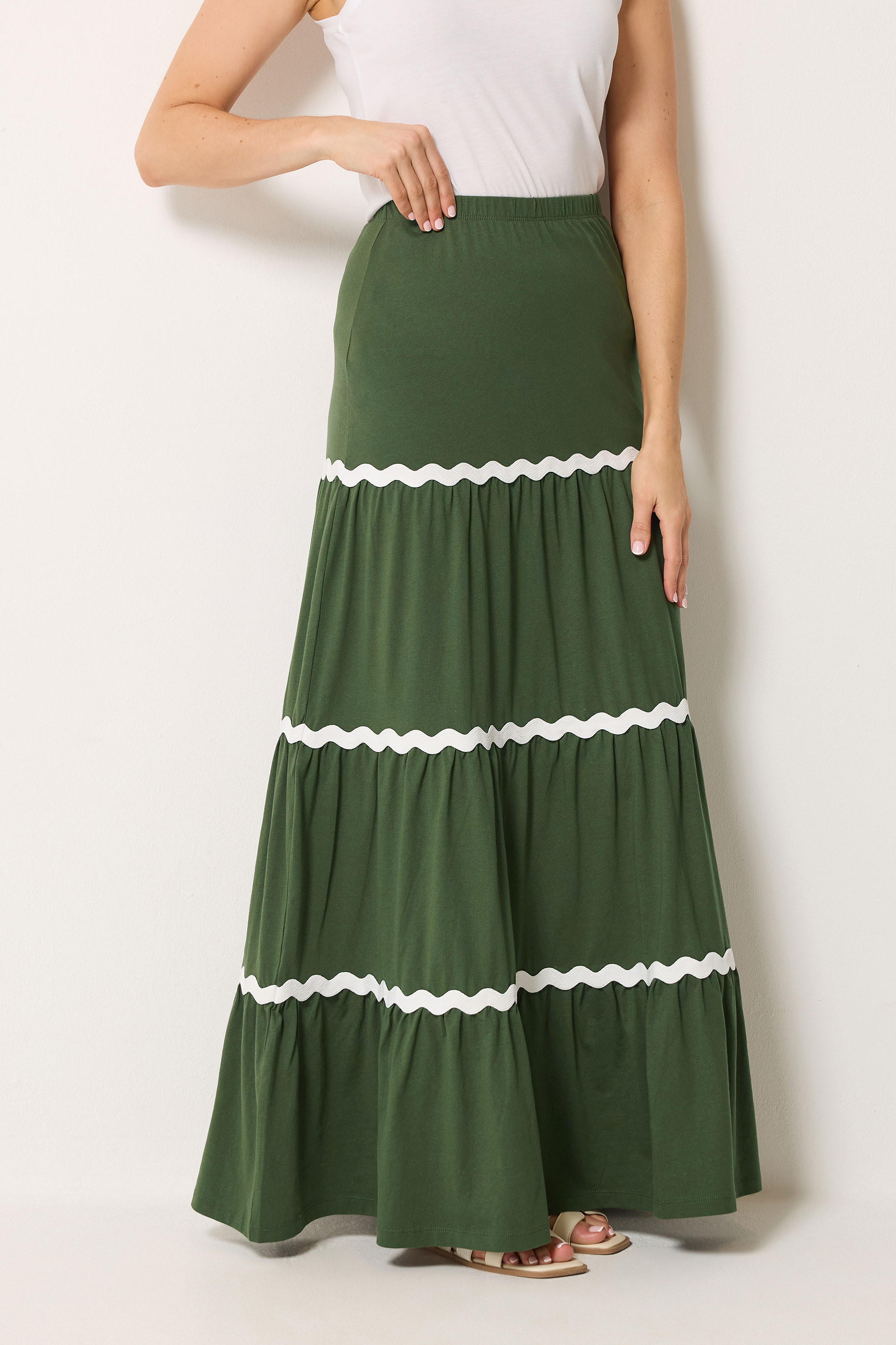 LTS Tall Women's Khaki Green Contrast Swirl Cotton Maxi Skirt | Long Tall Sally 1