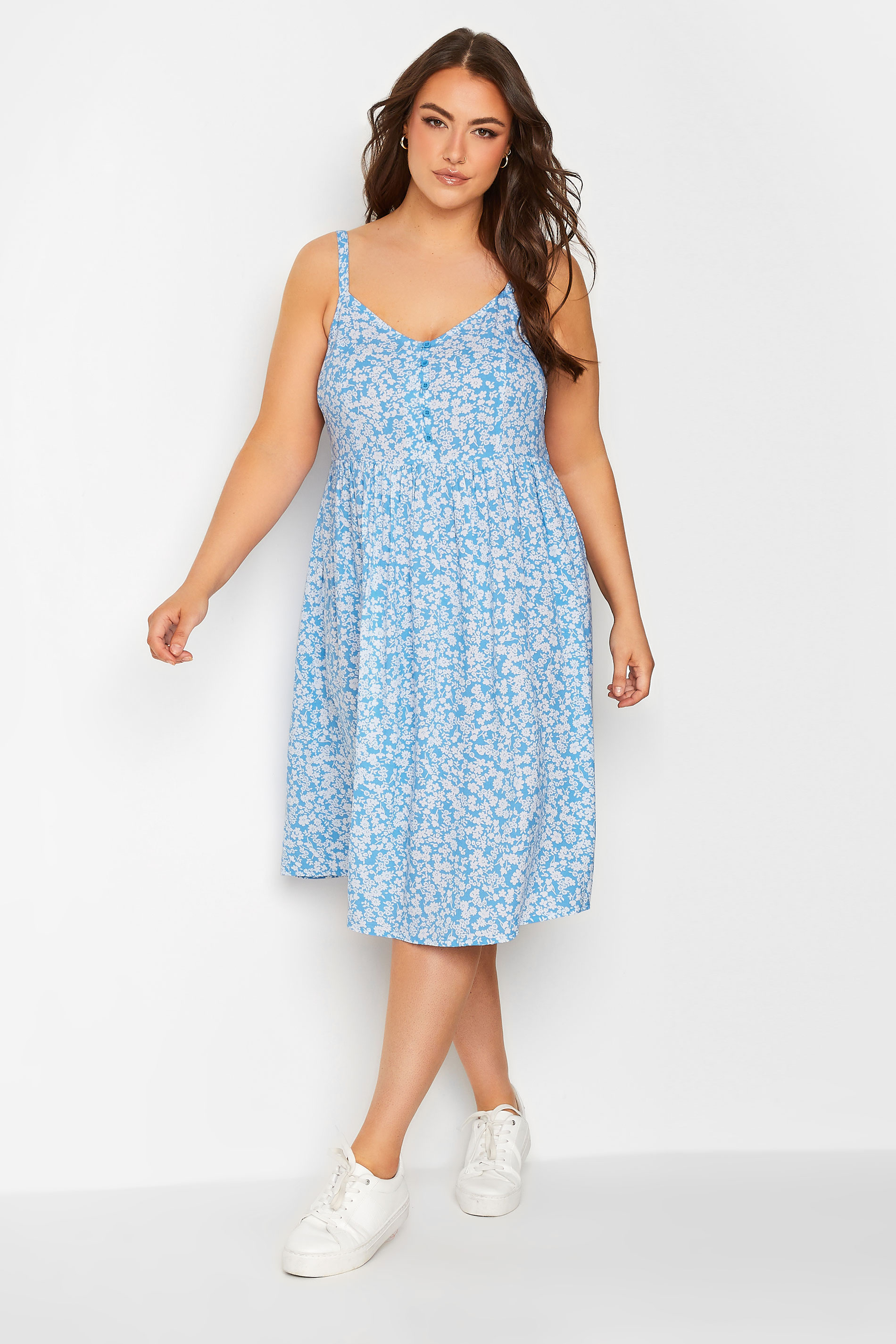 YOURS Plus Size Blue Ditsy Floral Strappy Sundress | Yours Clothing 1