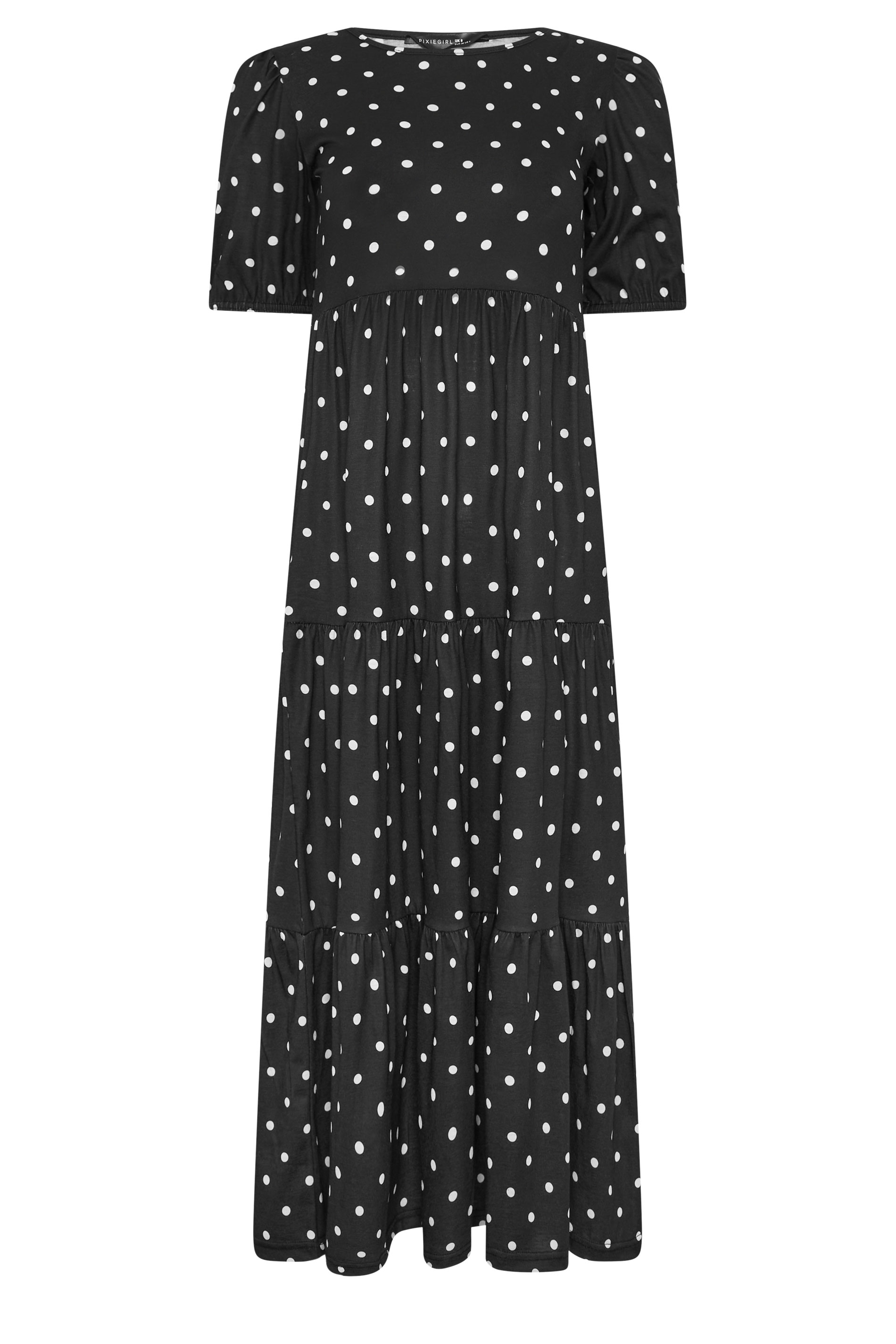 PixieGirl Petite Women's Black Polka Dot Tiered Maxi Dress | PixieGirl 5