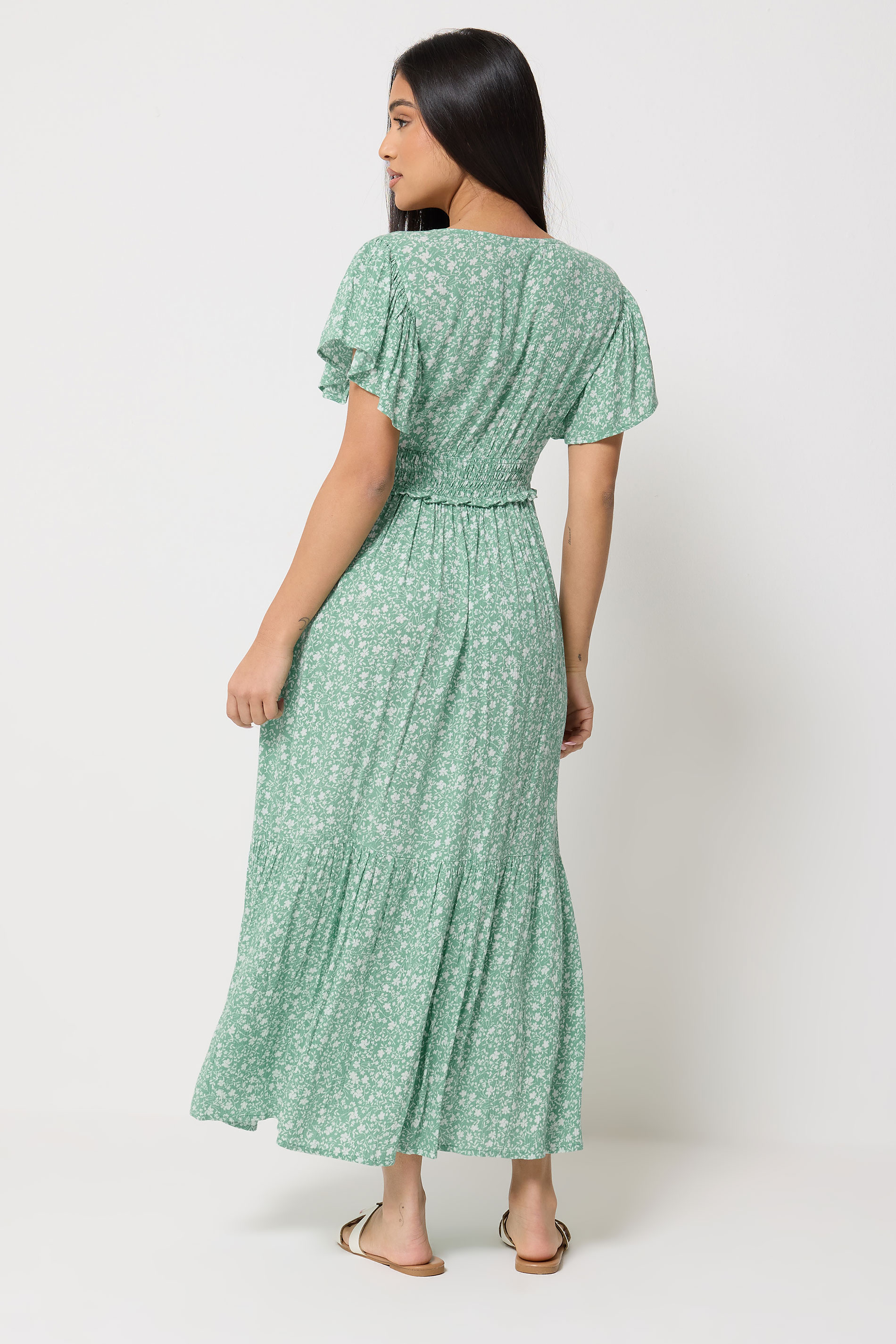 M&Co Petite Green Floral Print Shirred Waist Maxi Dress | M&Co 2