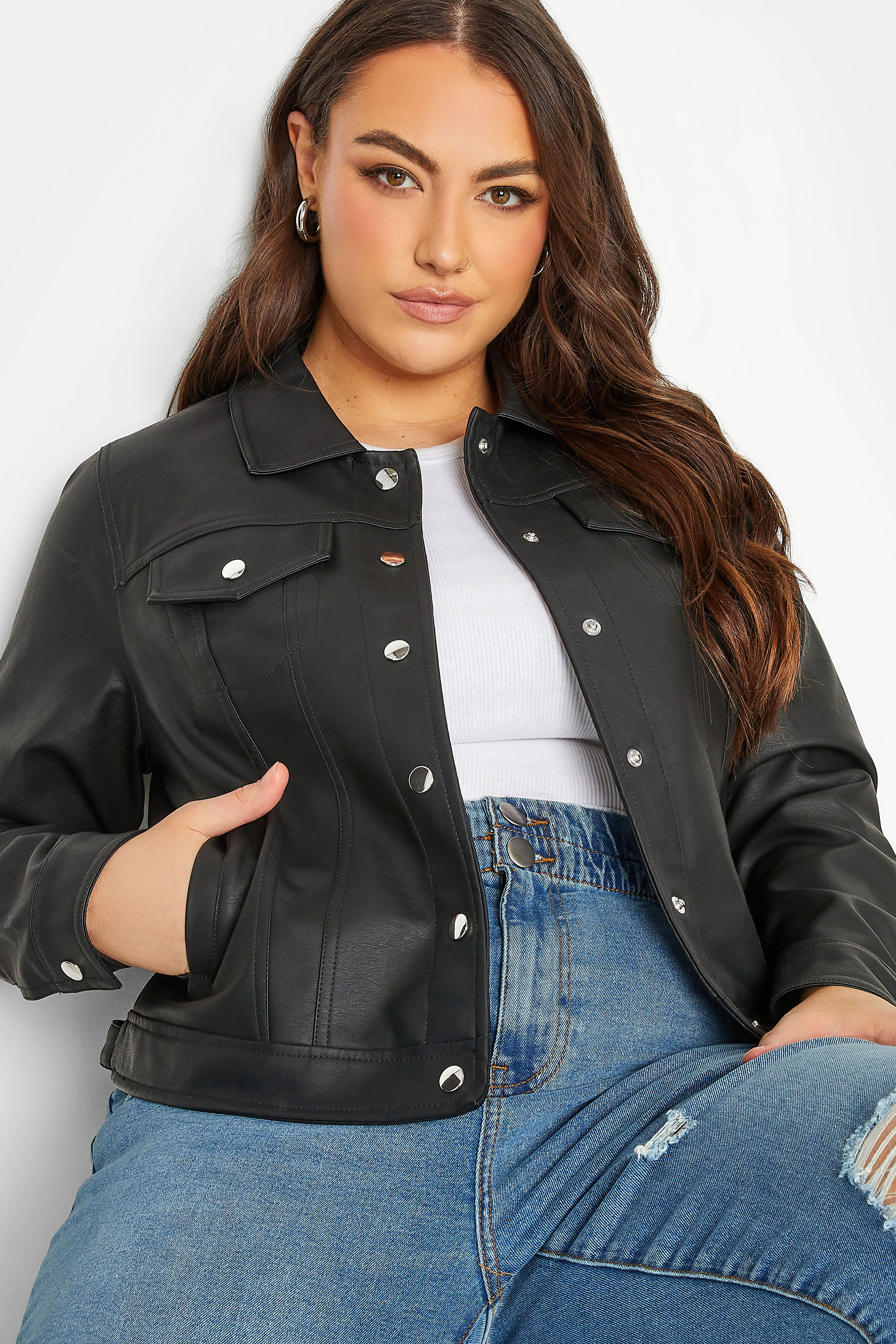 Plus Size Black Faux Leather Button Through Jacket | Yours Clothing