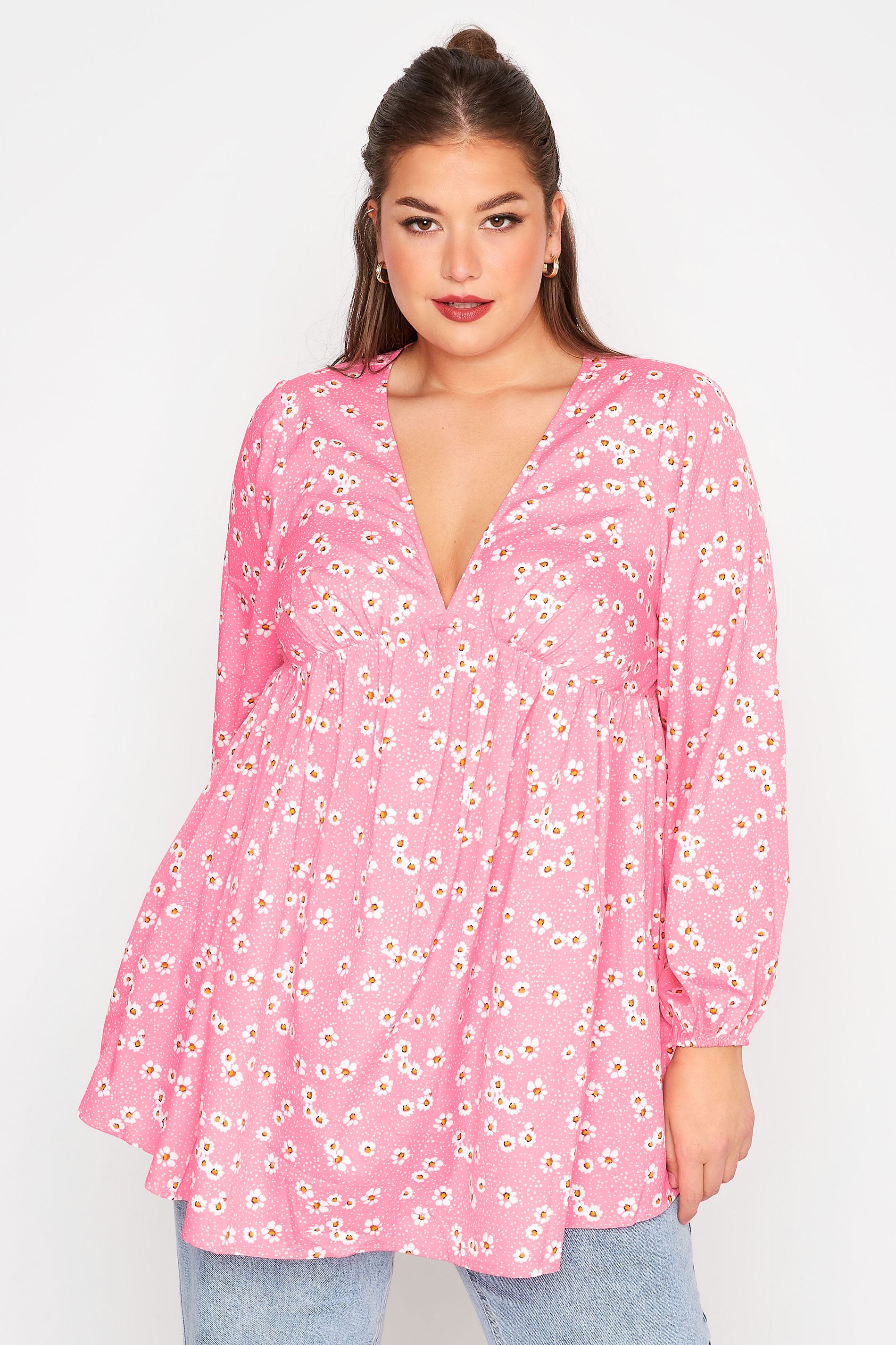 LIMITED COLLECTION Plus Size Pink Daisy Print Back Tie Smock Blouse | Yours Clothing 1