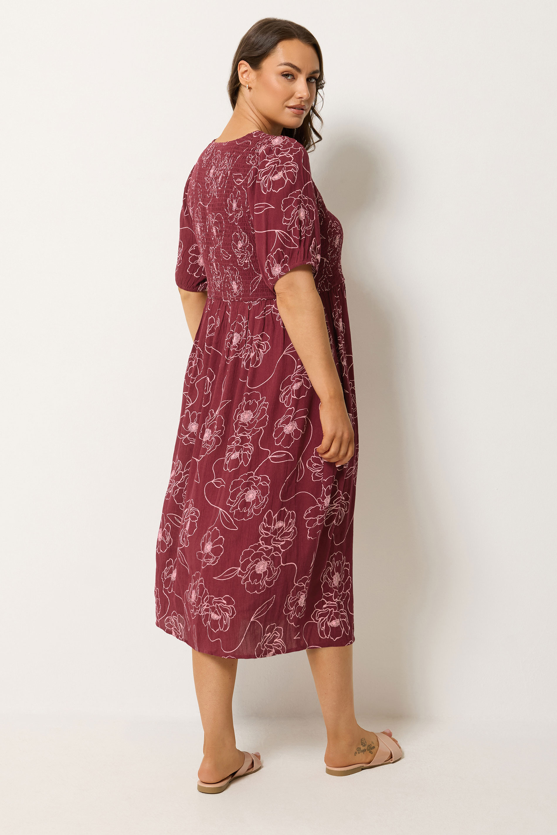 YOURS Plus Size Red Floral Swirl Puff Sleeve Shirred Dress  | Yours Clothing 2