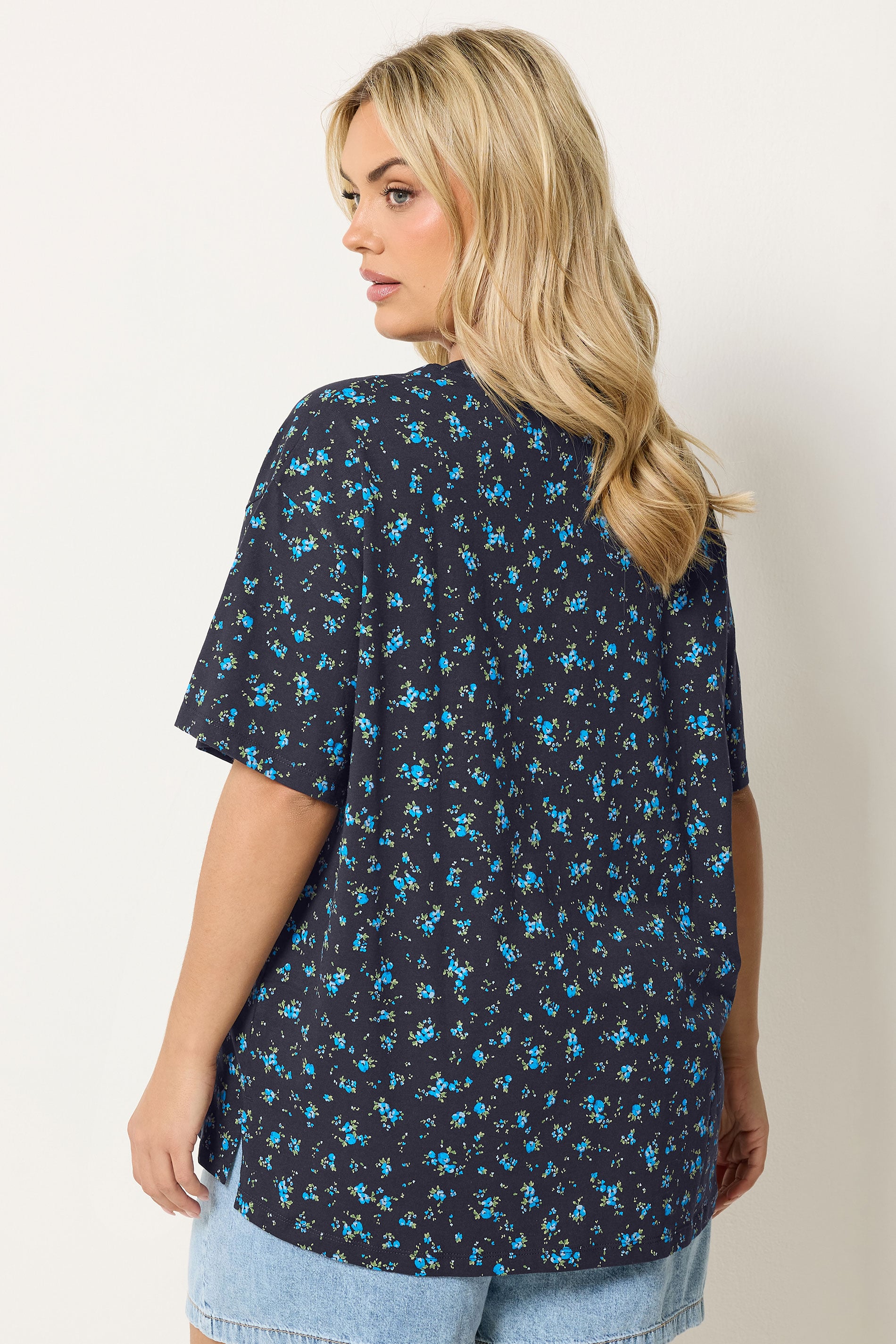 YOURS Plus Size Navy Blue Ditsy Floral Boxy T-Shirt | Yours Clothing 2