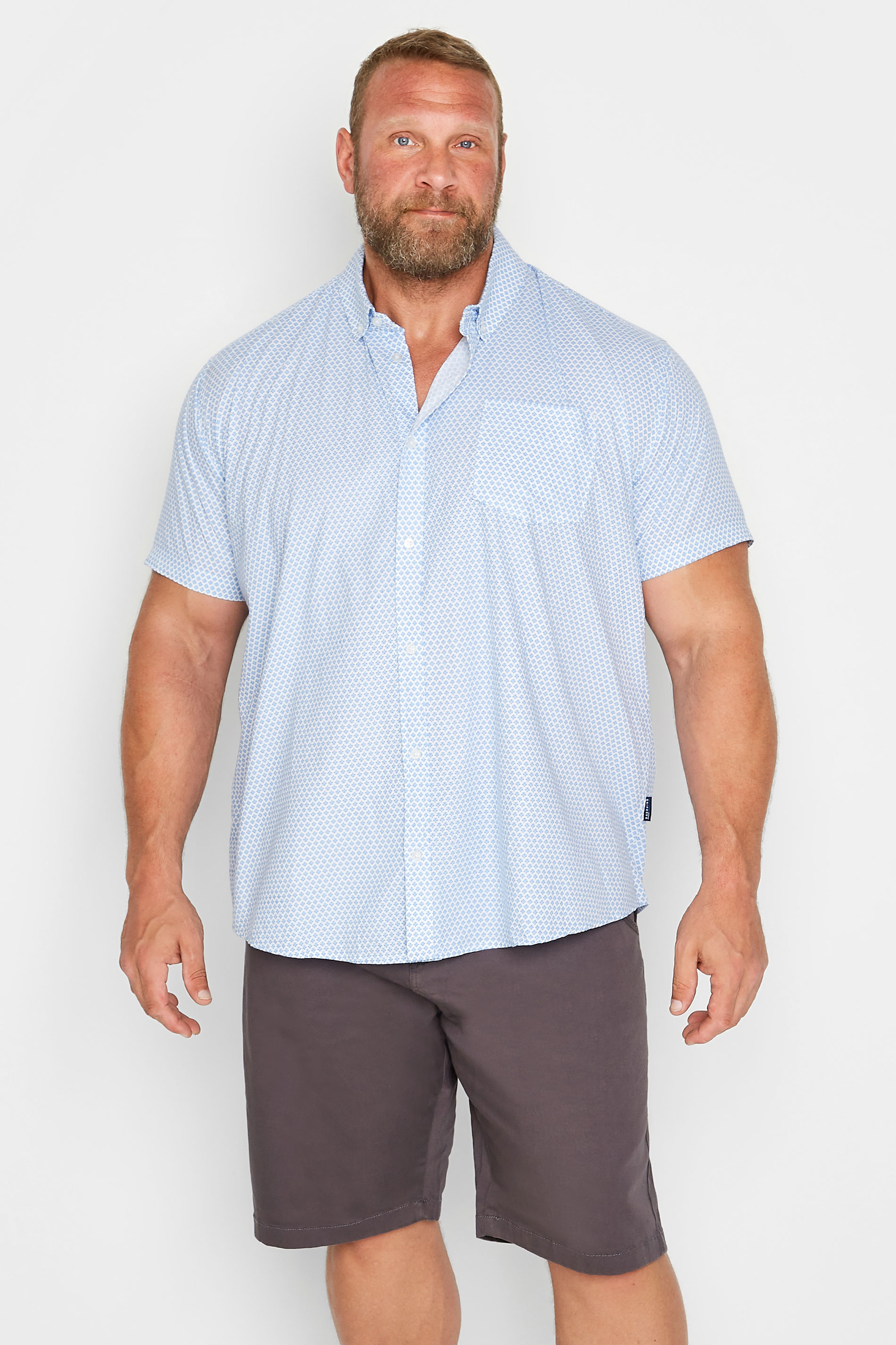 BadRhino Big & Tall White & Blue Geometric Print Poplin Shirt | BadRhino 1