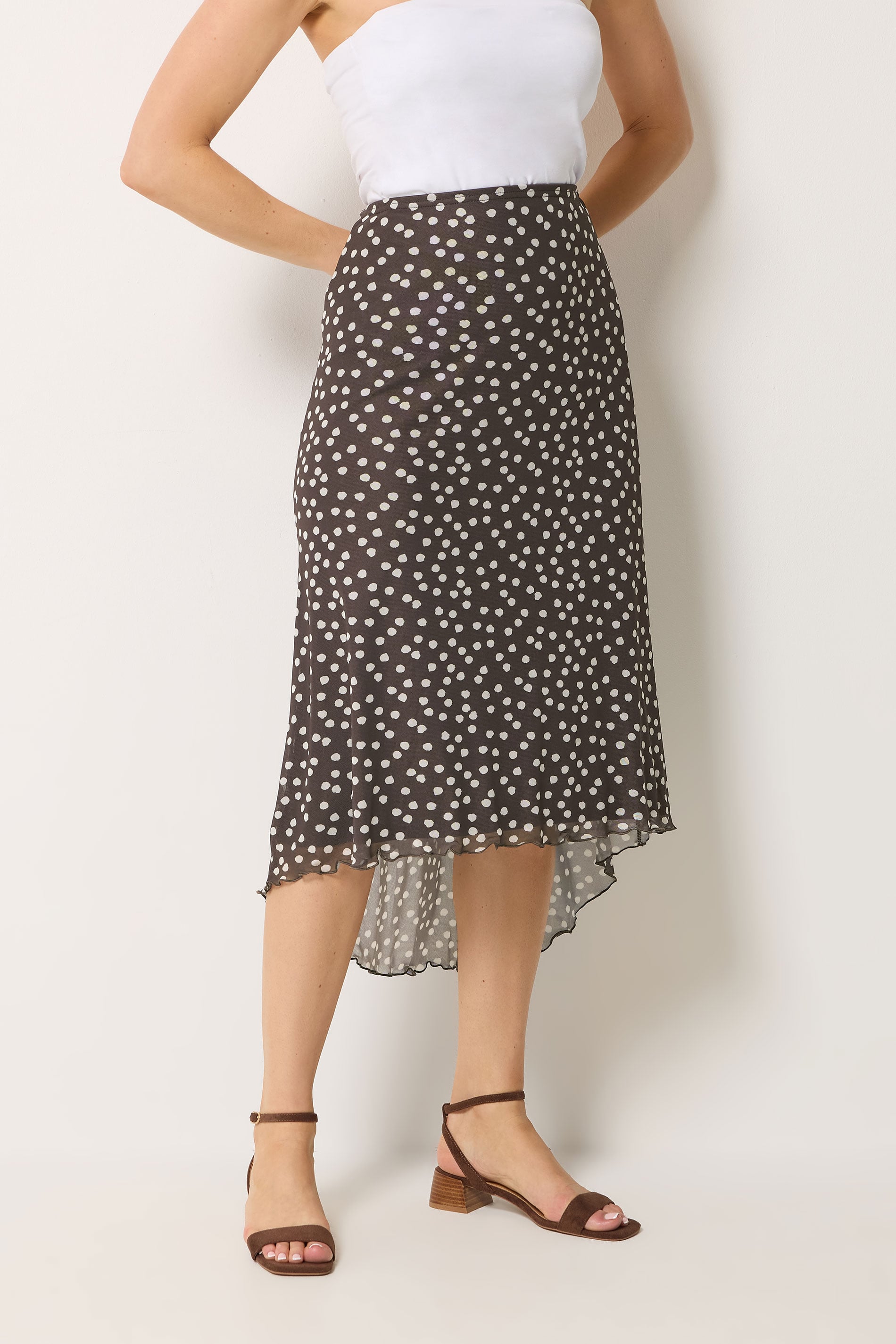 LTS Tall Women's Chocolate Brown Polka Dot Dipped Hem Mesh Midi Skirt | Long Tall Sally 2