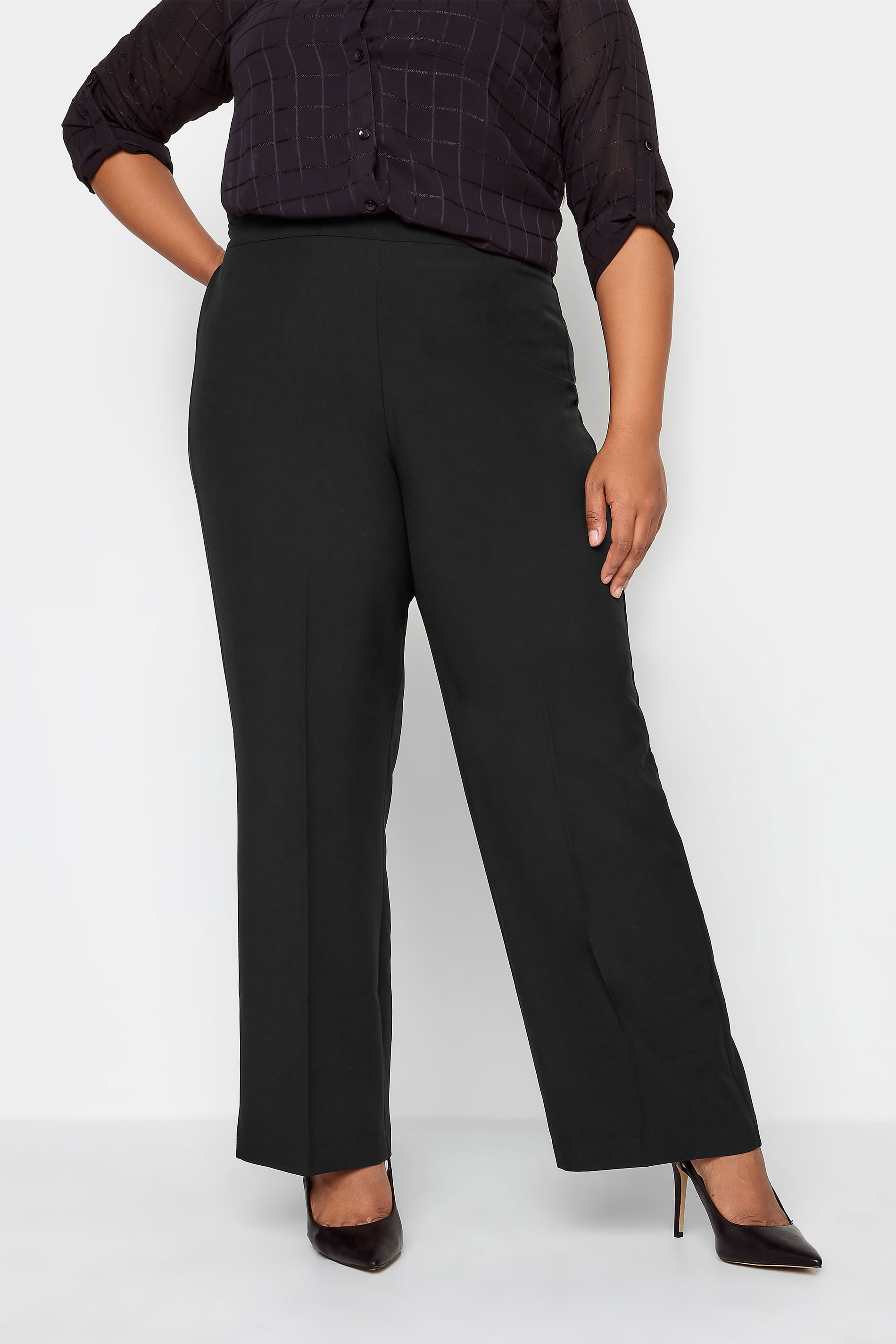 Plus Size Black Elasticated Stretch Straight Leg Trousers | Yours Clothing 1