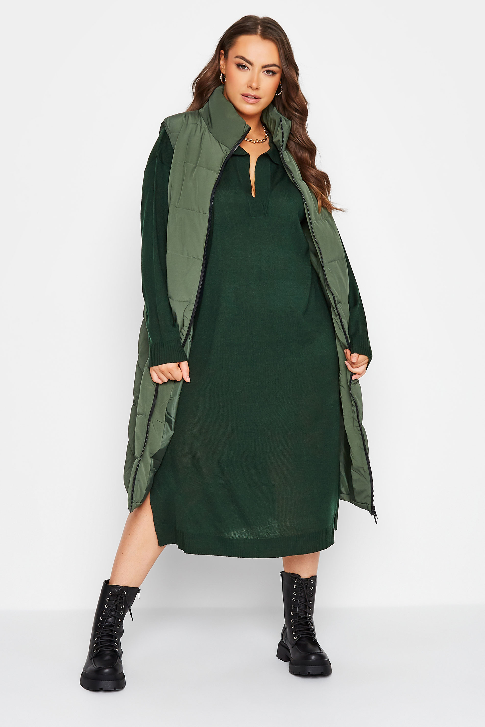 Plus Size Forest Green Open Collar Knitted Jumper Dress | Yours Clothing 2