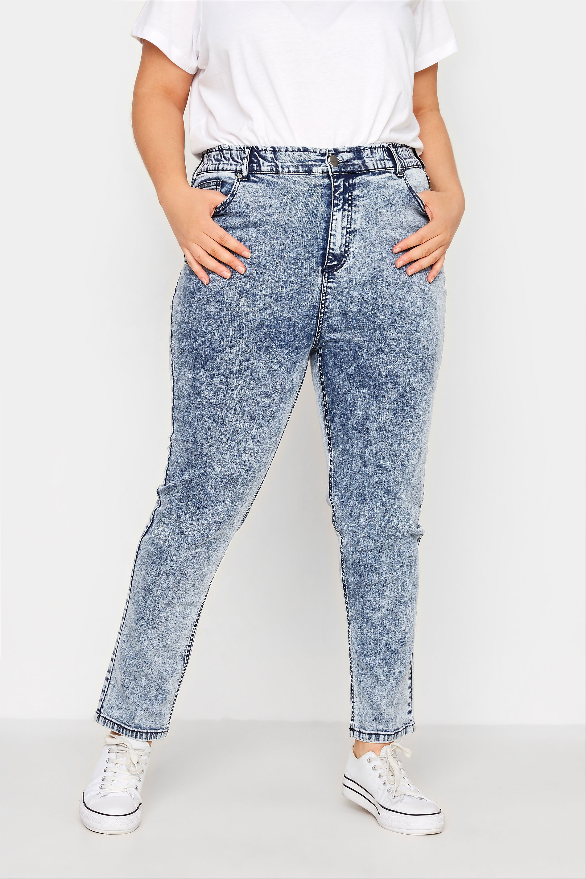 Grande taille  Jeans Grande taille  Jeans Mom | Jean MOM Bleu Design Délavé Taille Élastique - WV32548